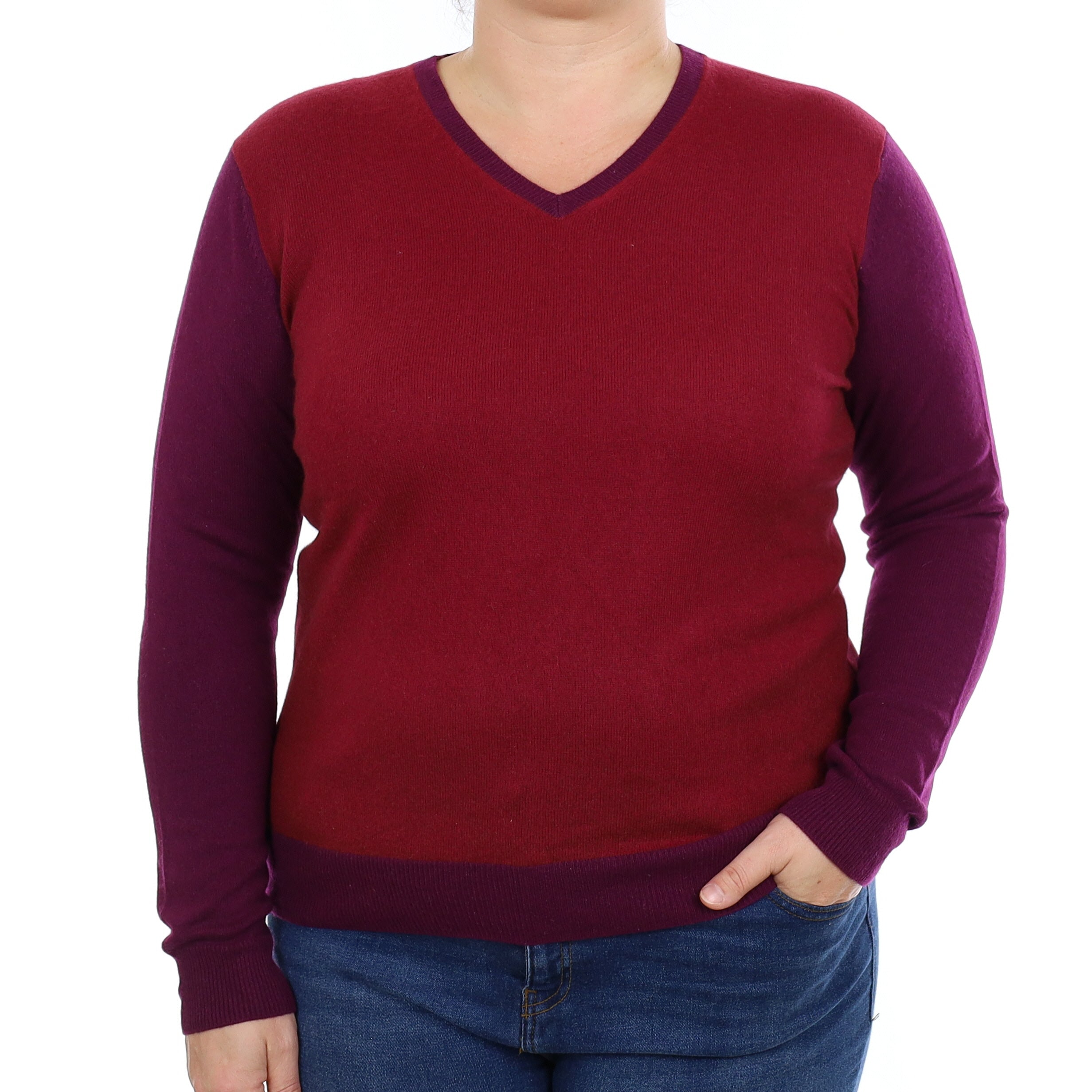 Burgundy and Plum Cashmere V Neck Jumper Large