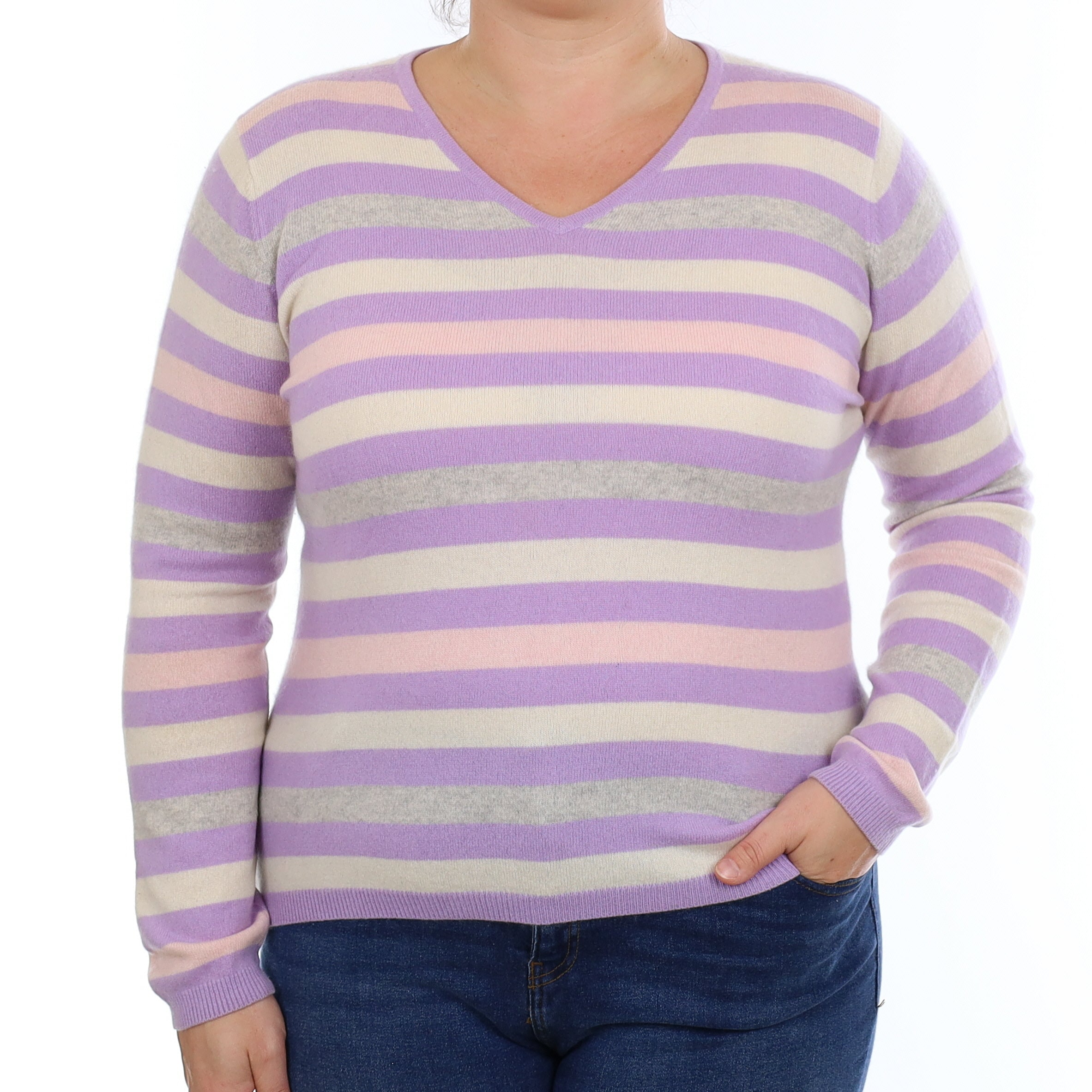 Purple Striped Cashmere V Neck Jumper Large