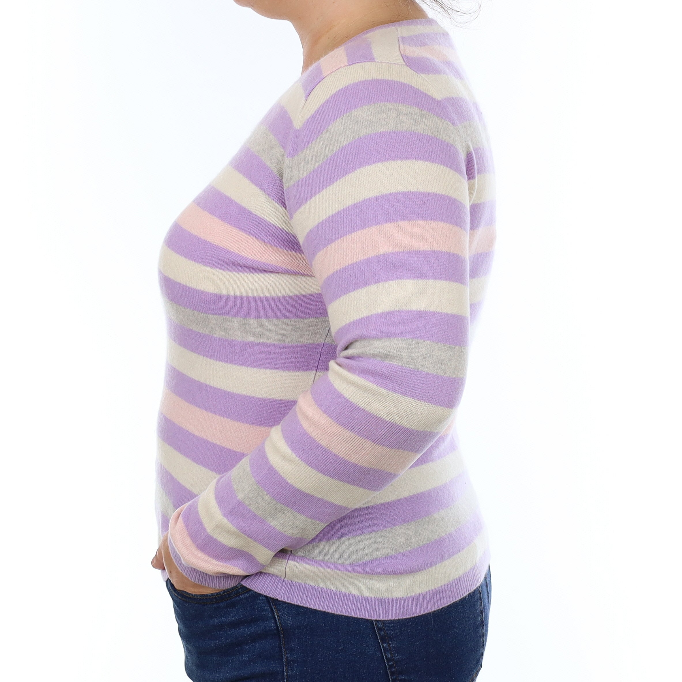 Purple Striped Cashmere V Neck Jumper Large