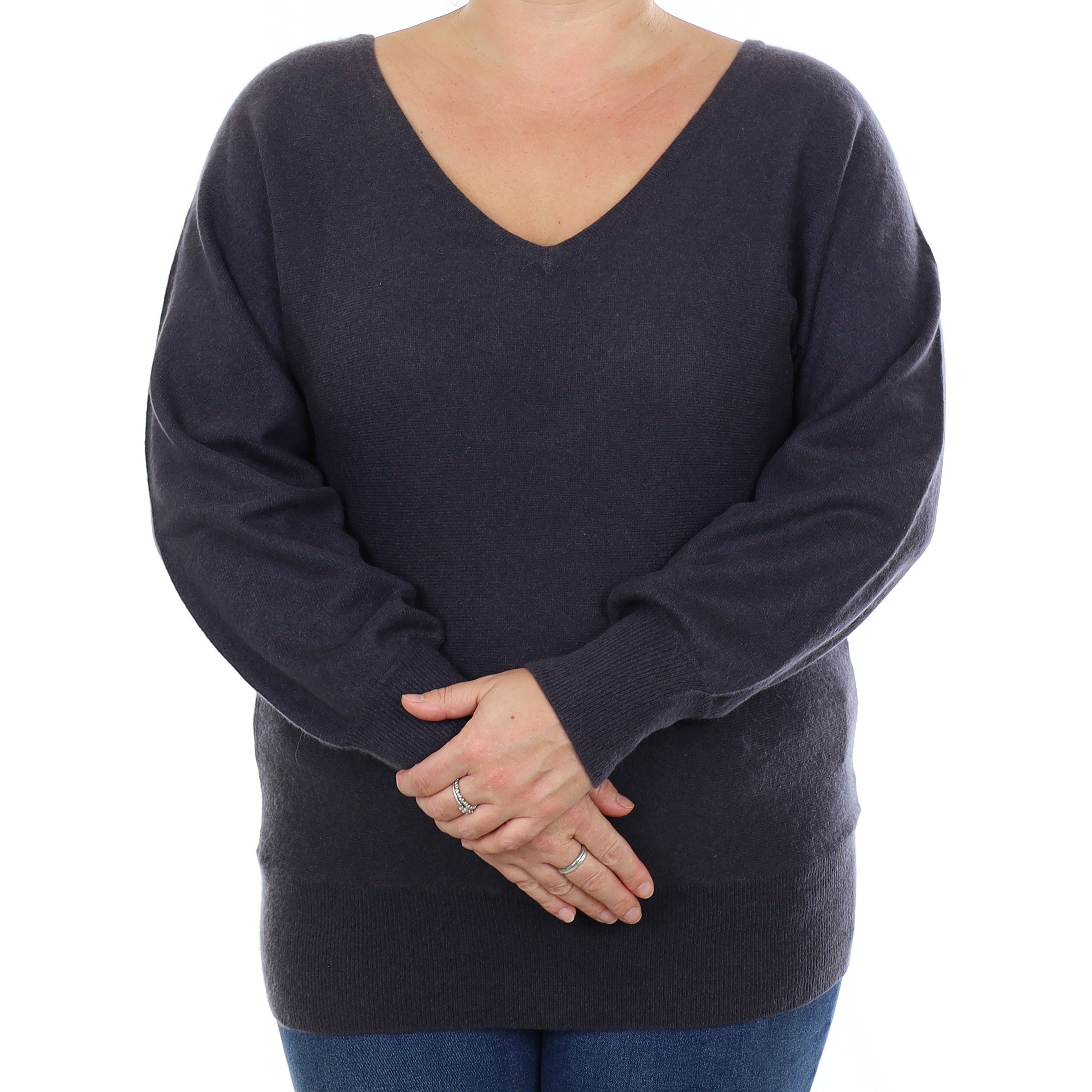 Granite Grey Cashmere Batwing V Neck Jumper Large