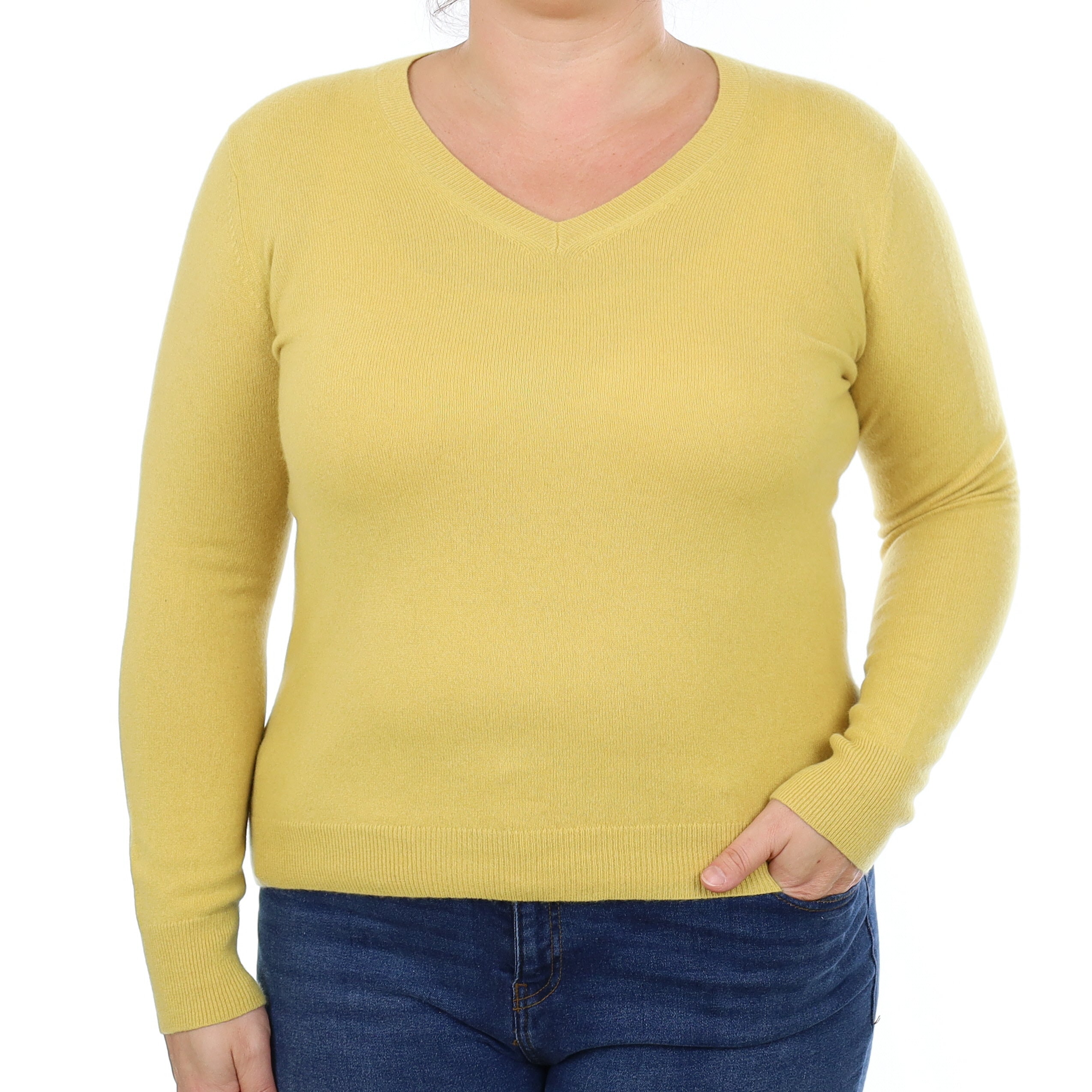 Flaxen Yellow Cashmere V Neck Jumper Large