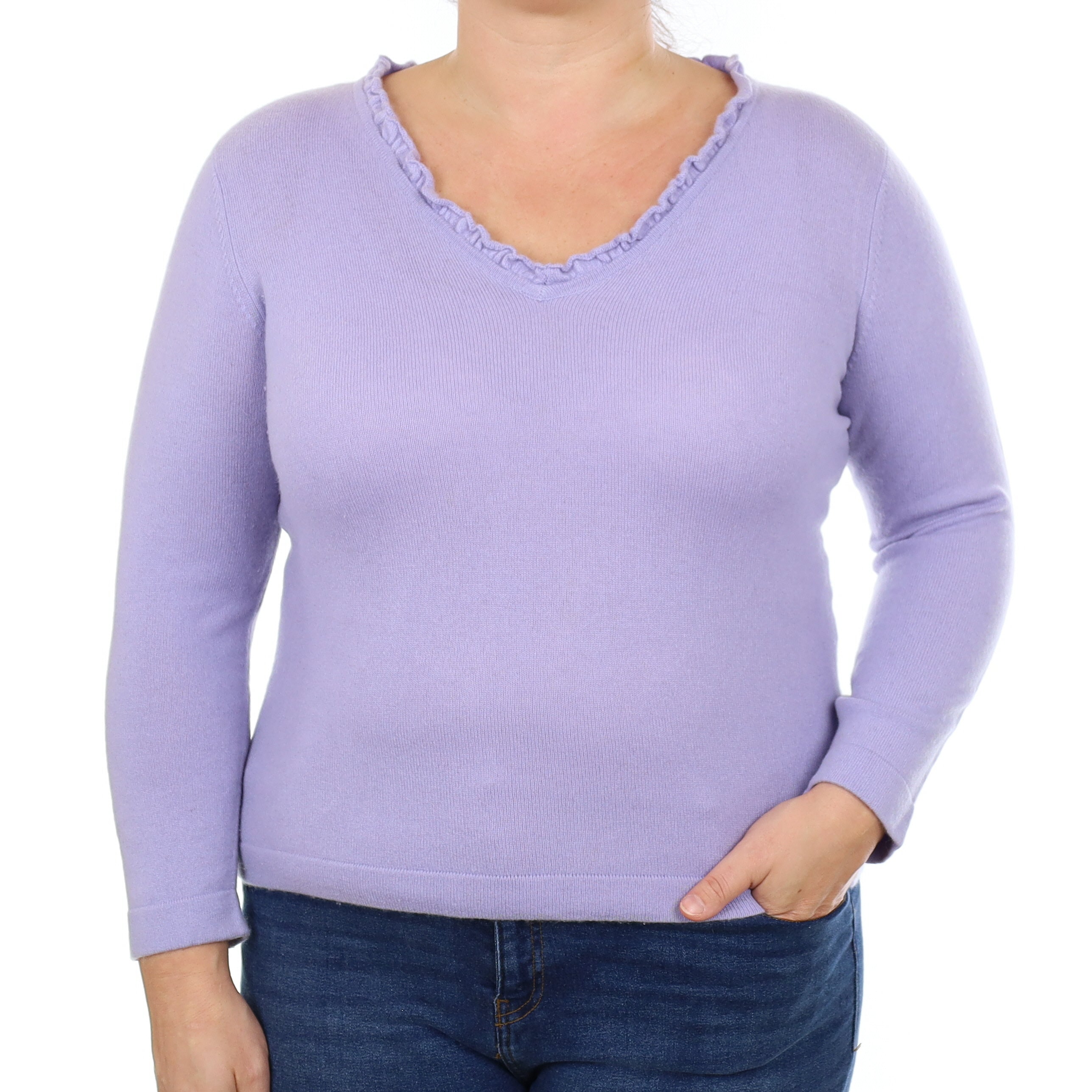 Lavender Purple Cashmere Ruffle V Neck Jumper Large