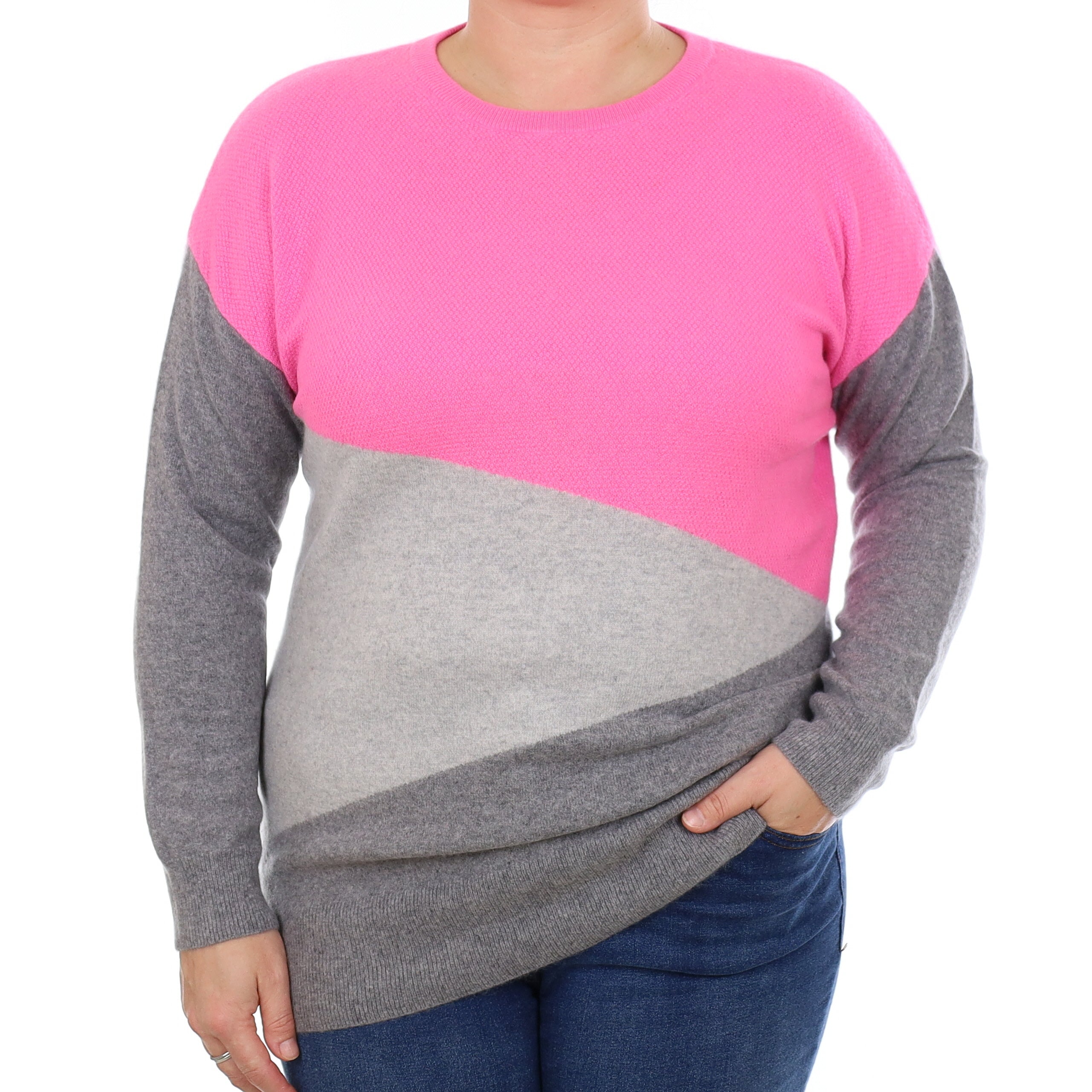 Neon Pink and Grey Cashmere Longline Crew Neck Jumper Large