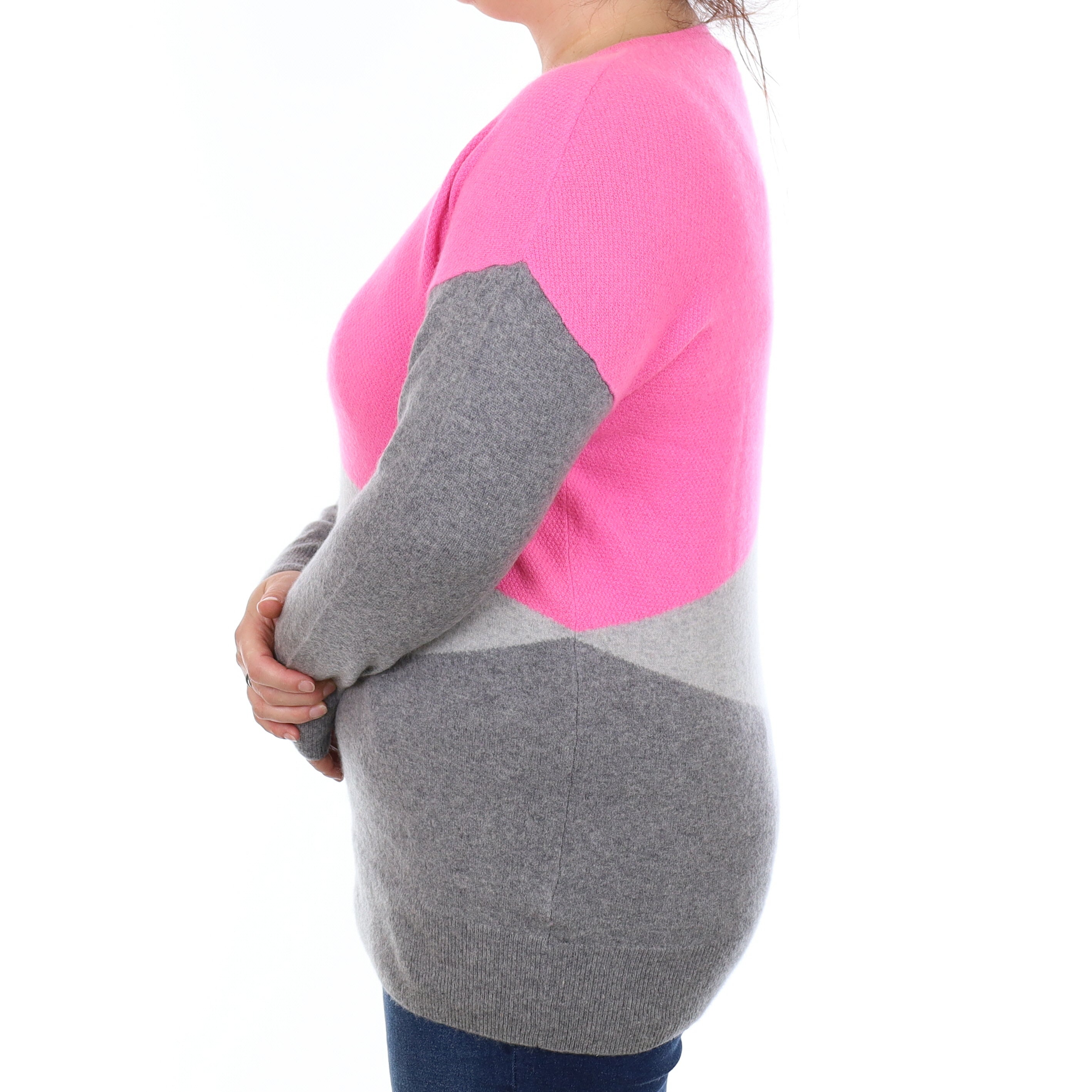 Neon Pink and Grey Cashmere Longline Crew Neck Jumper Large