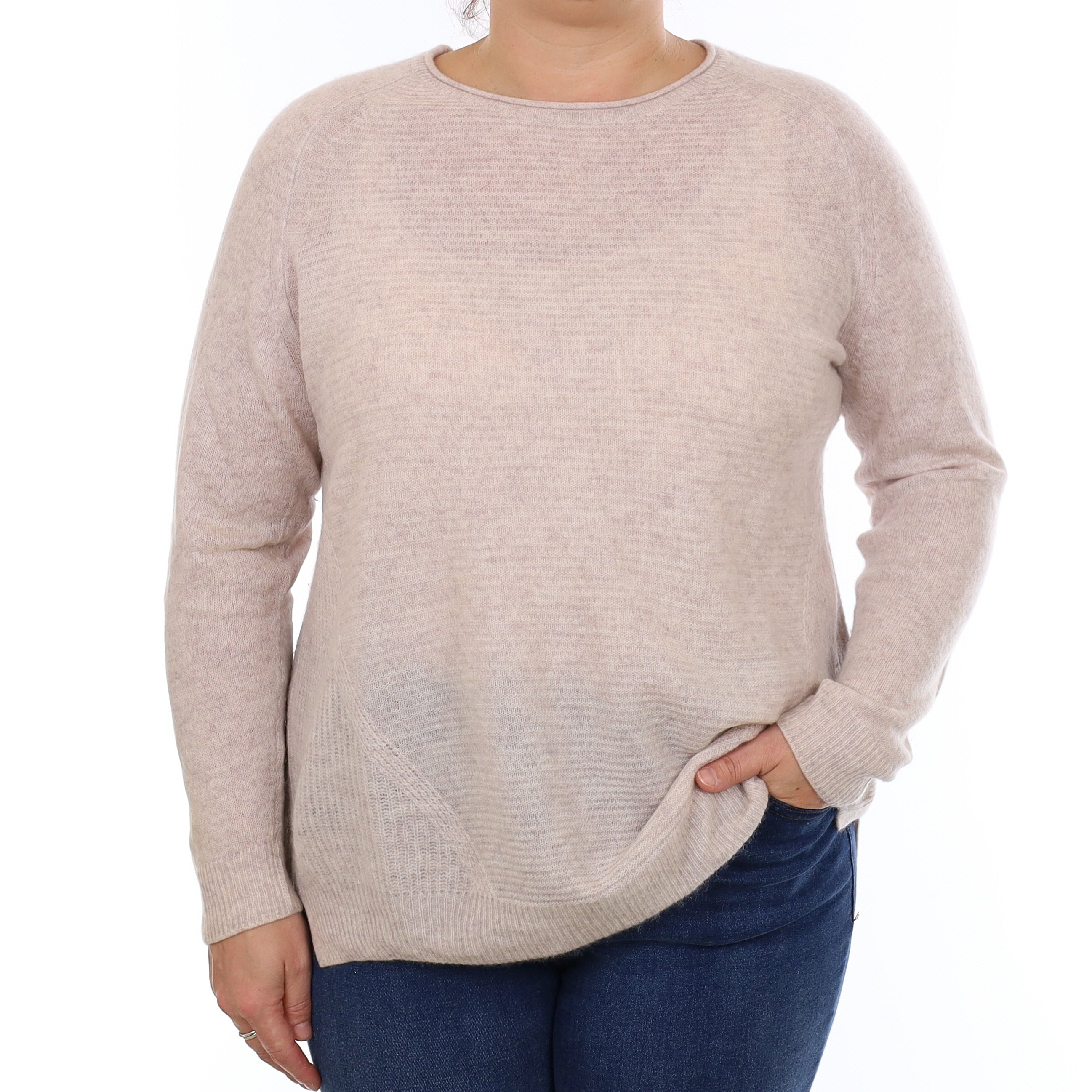 Mist Grey Ribbed Cashmere Crew Neck Jumper Large