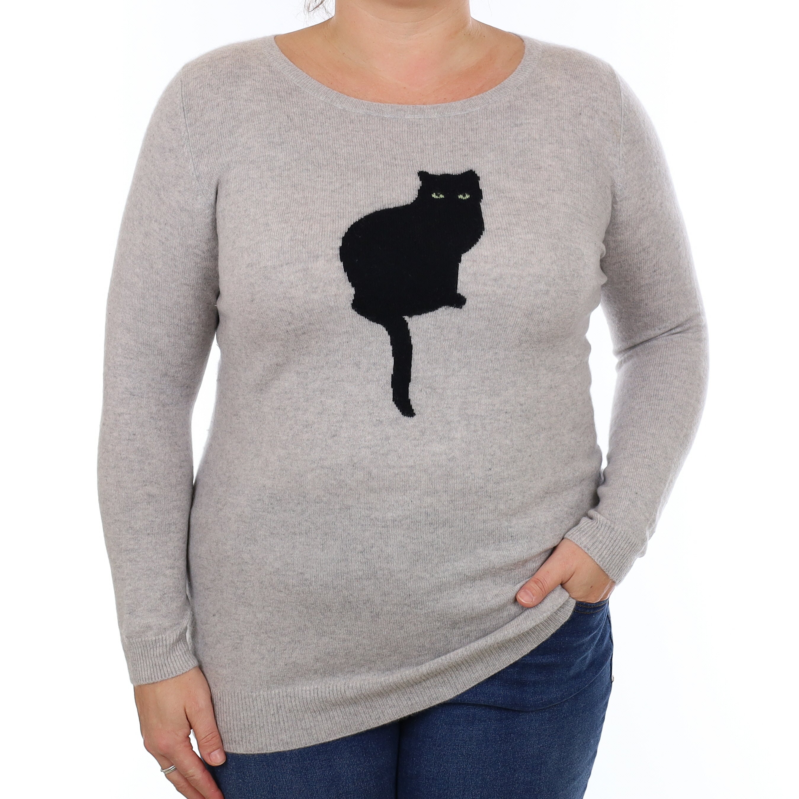 Grey Cat Motif Cashmere Crew Neck Jumper Large