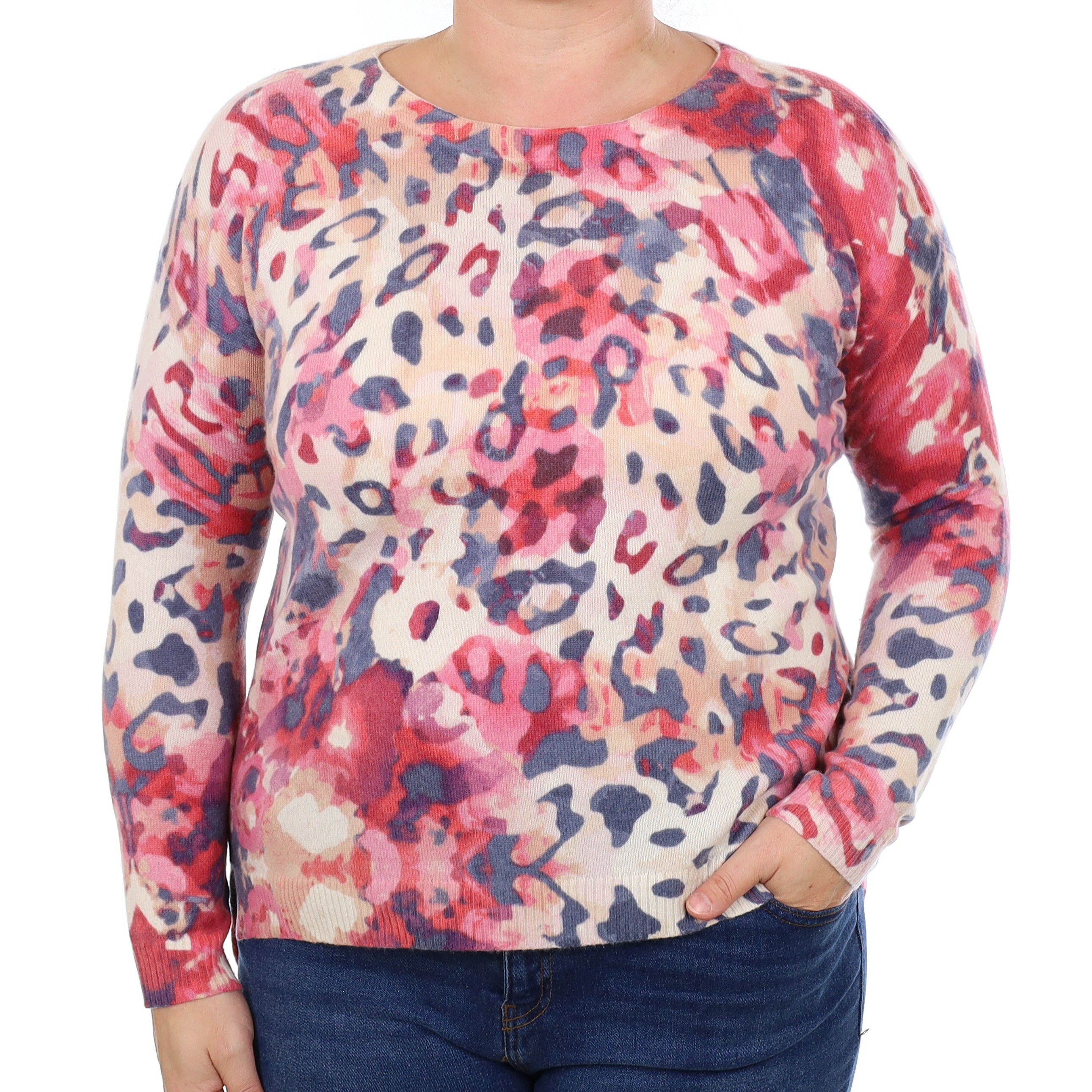 Pink Animal Print Cashmere Crew Neck Jumper Large