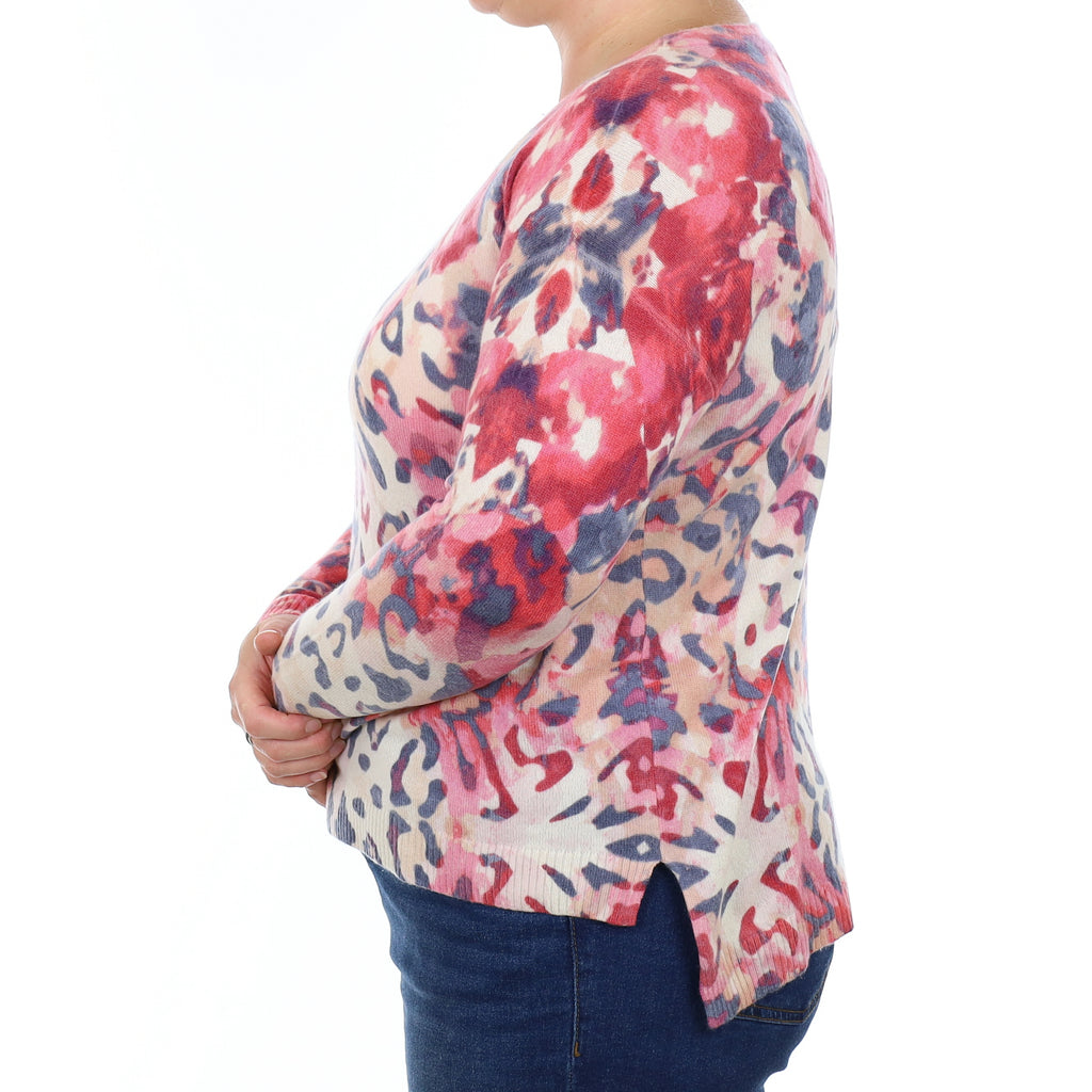 Pink Animal Print Cashmere Crew Neck Jumper Large