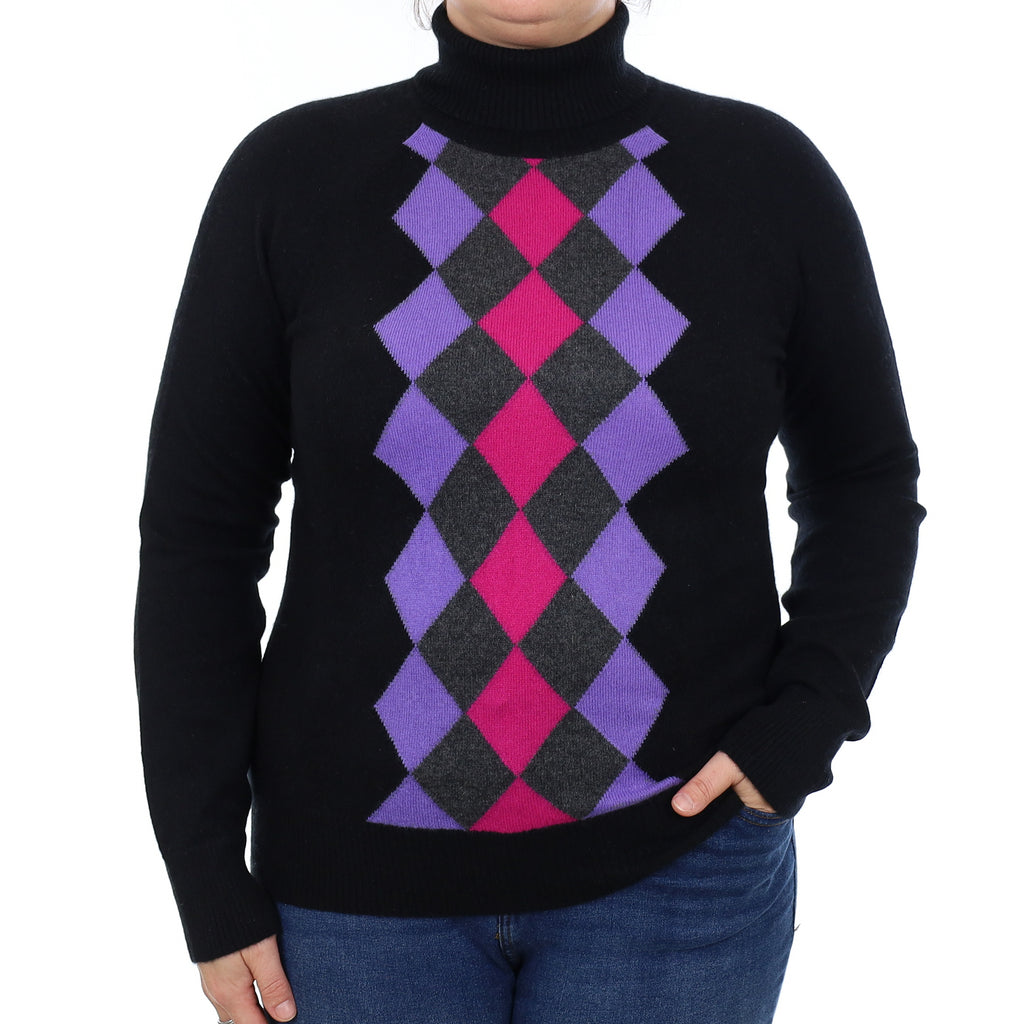 Black & Purple Diamond Cashmere Polo Neck Jumper Large