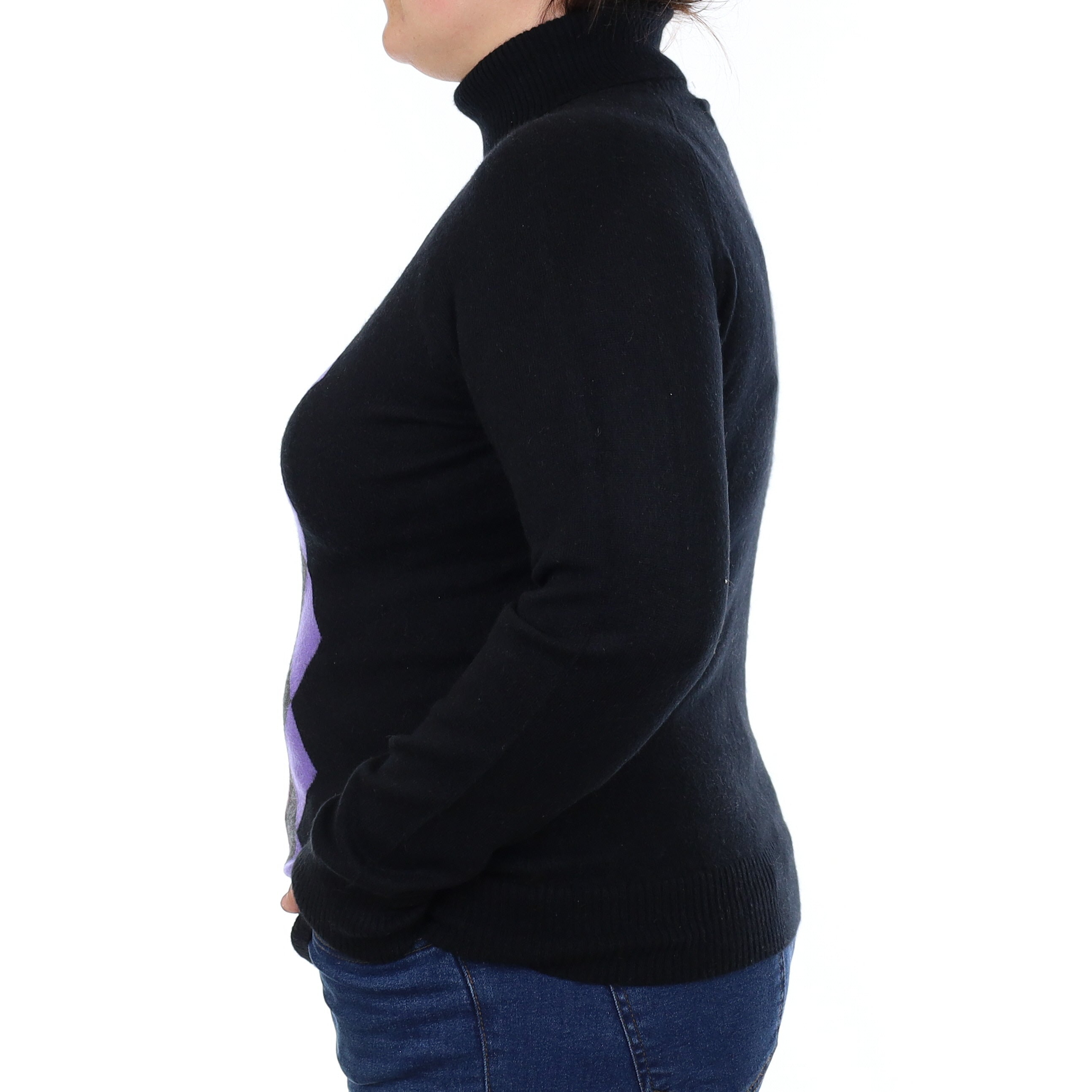 Black & Purple Diamond Cashmere Polo Neck Jumper Large