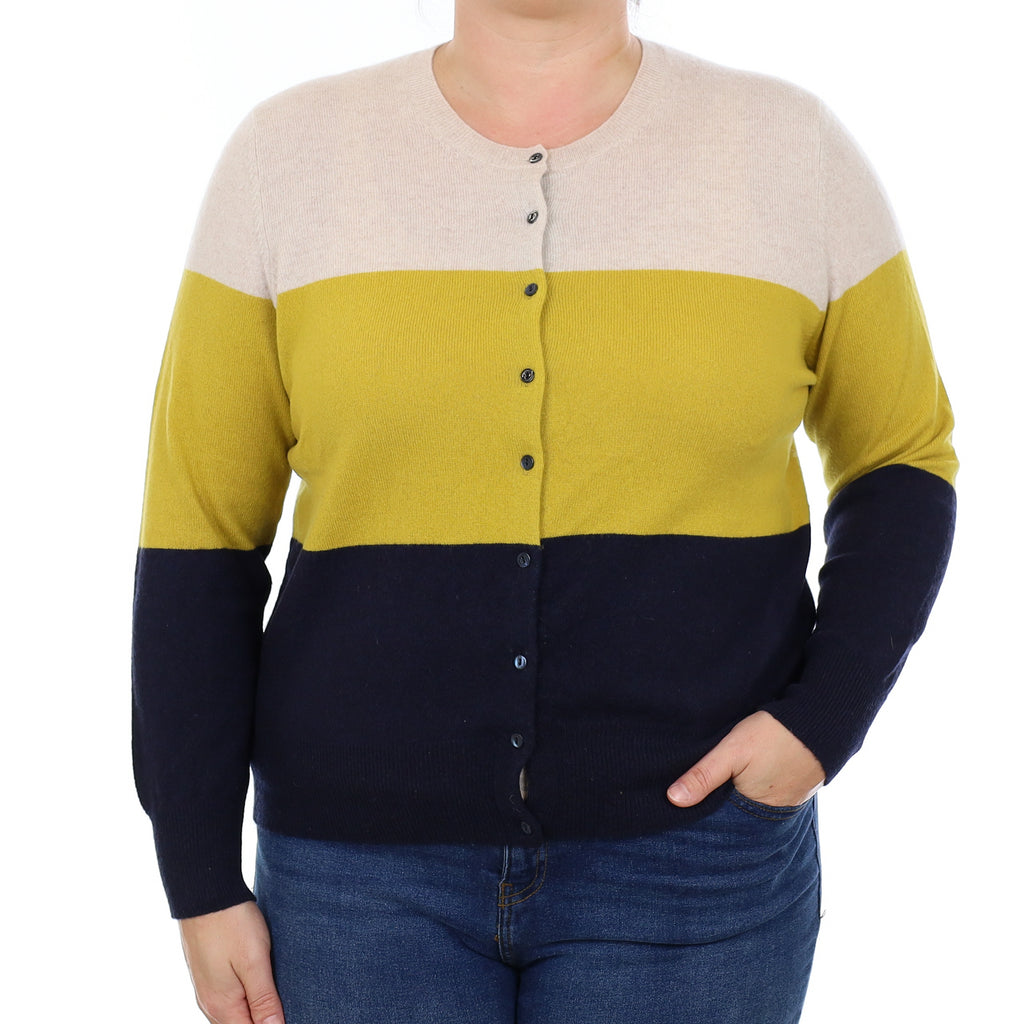 Navy Mustard & Oatmeal Cashmere Crew Neck Cardigan Large