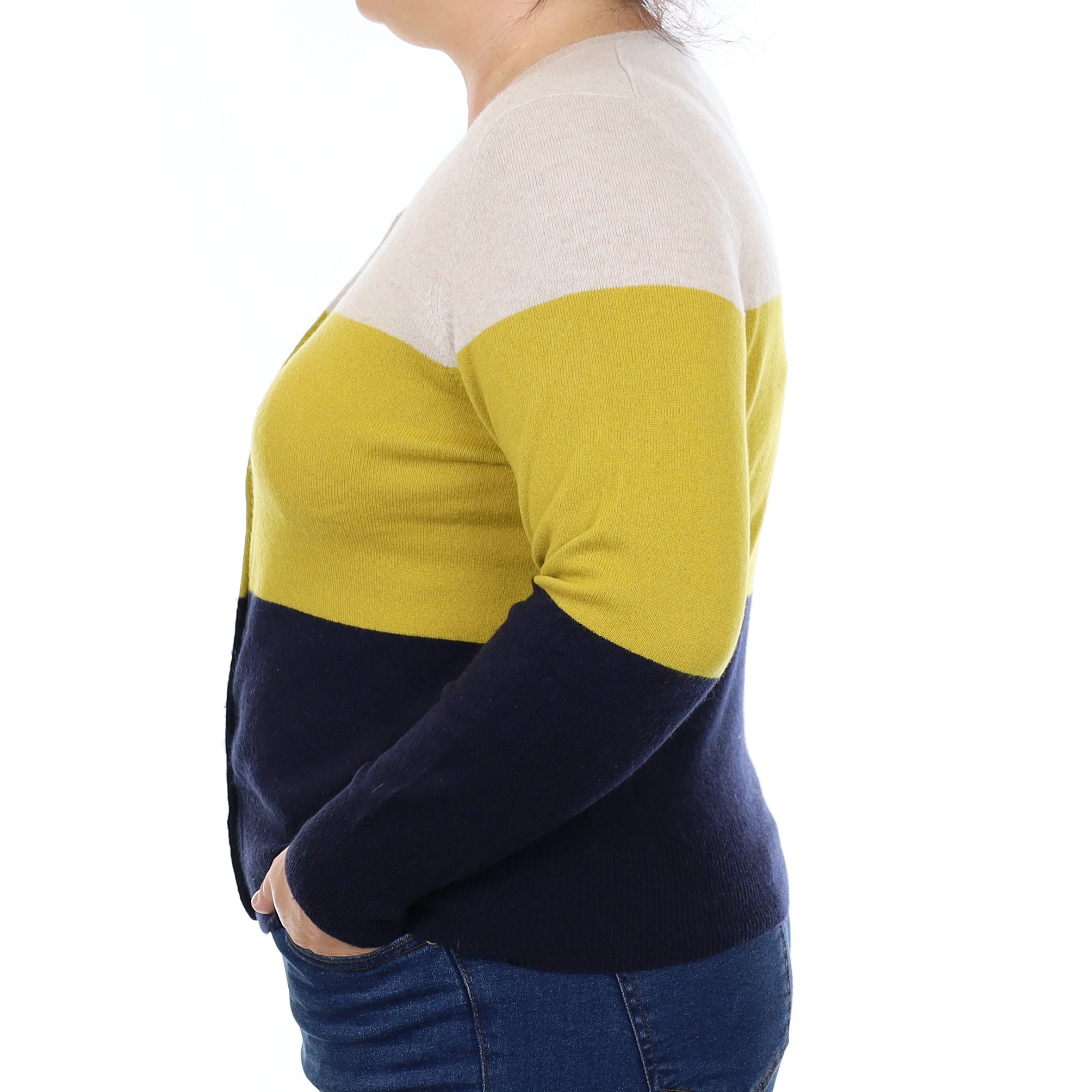 Navy Mustard & Oatmeal Cashmere Crew Neck Cardigan Large