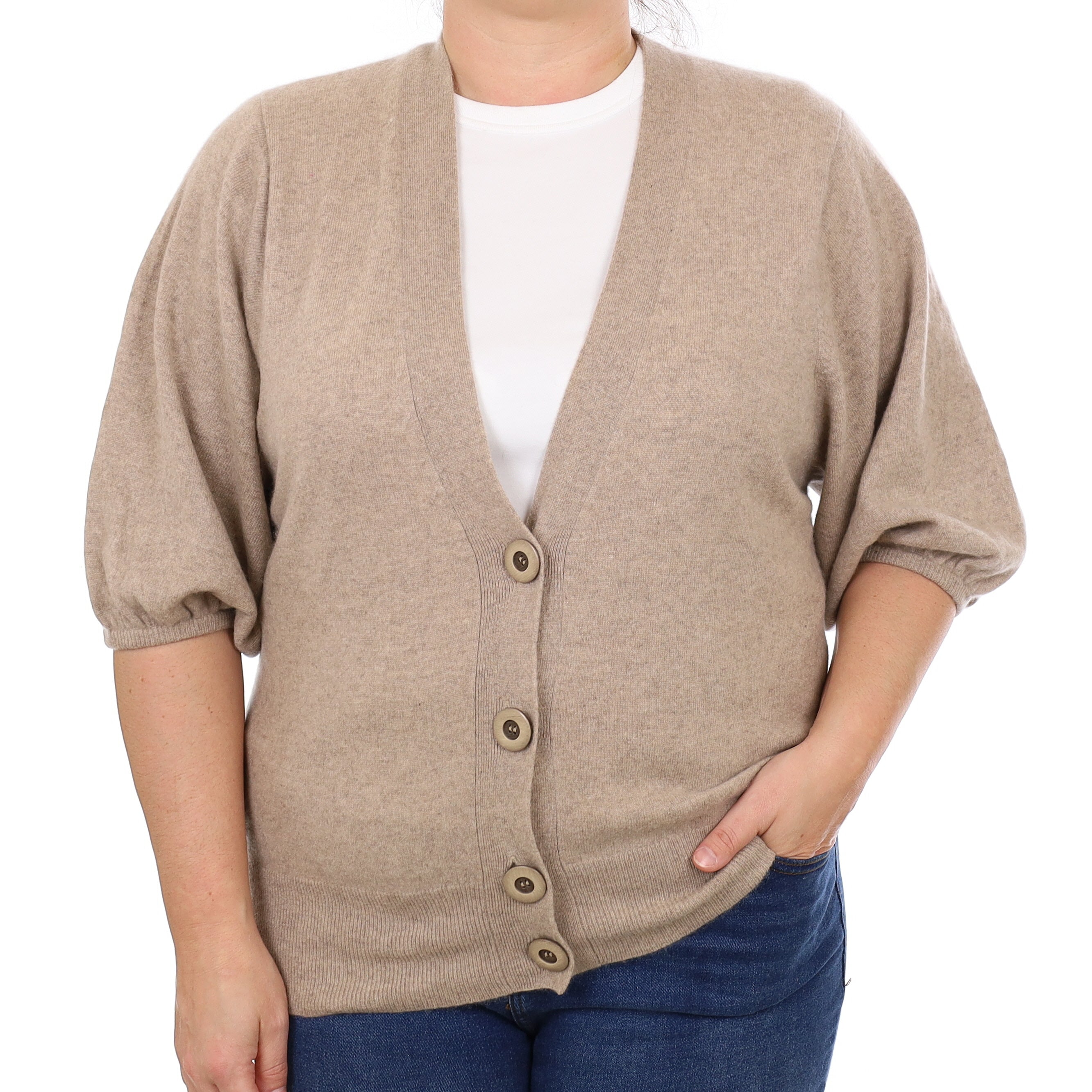 Fawn Cashmere Balloon Sleeve V Neck Cardigan Large