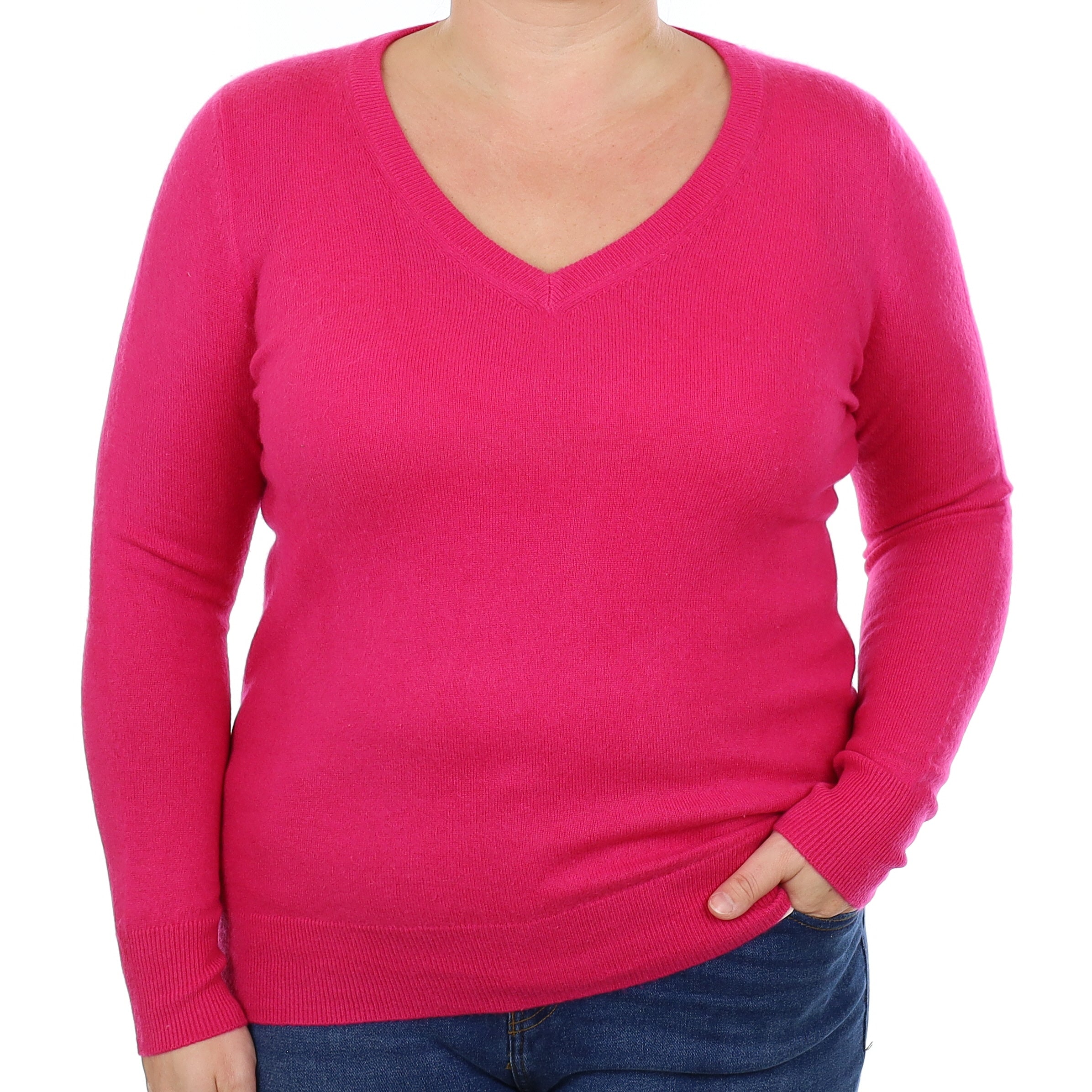 Fuchsia Pink Cashmere V Neck Jumper Large