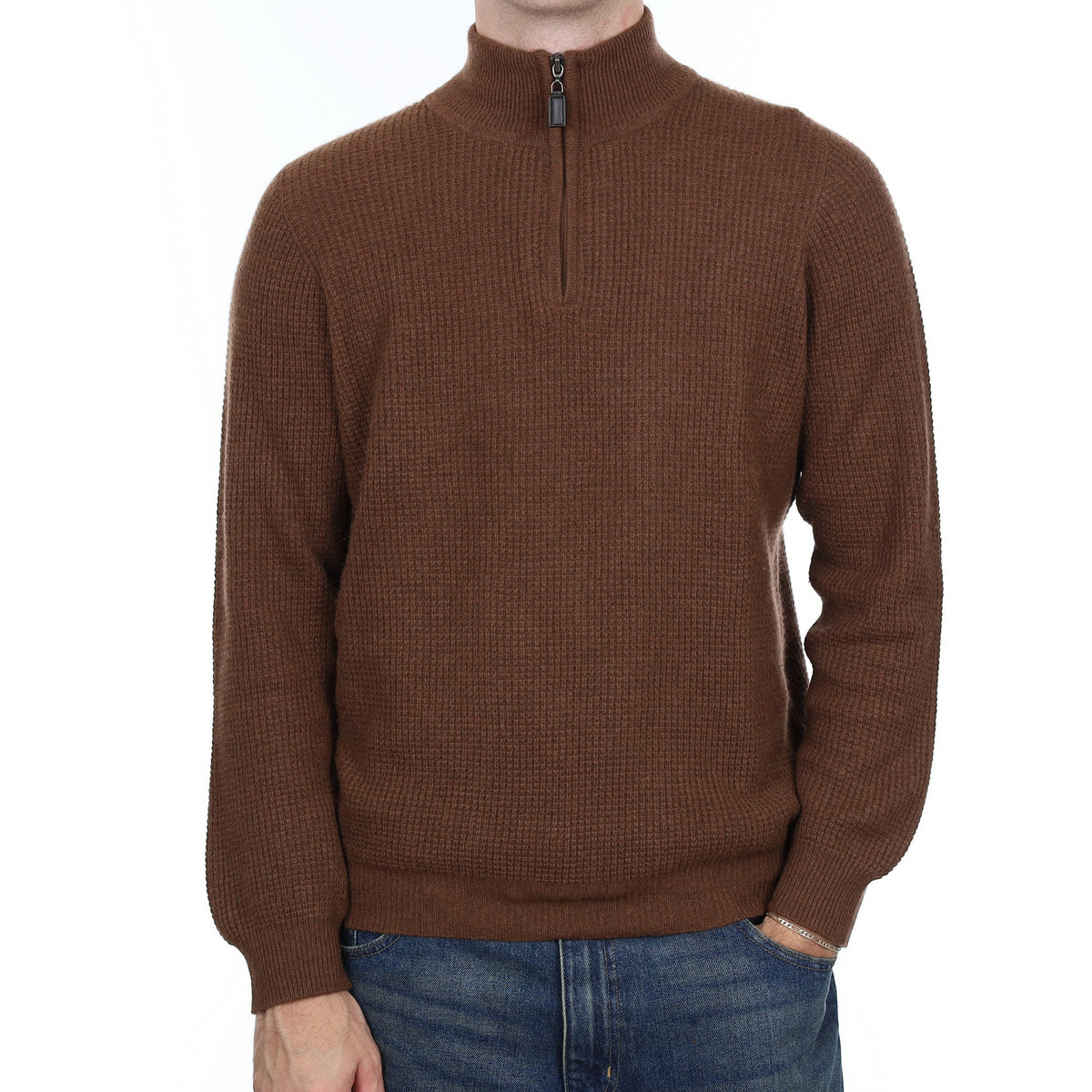 Men's LL Bean Brown Waffle Cashmere 1/4 Zip Jumper Large