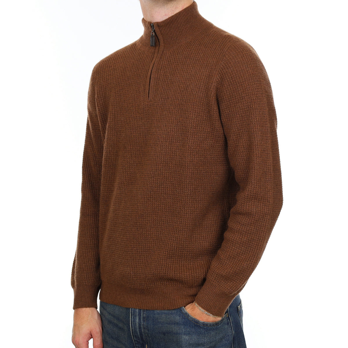 Men's LL Bean Brown Waffle Cashmere 1/4 Zip Jumper Large