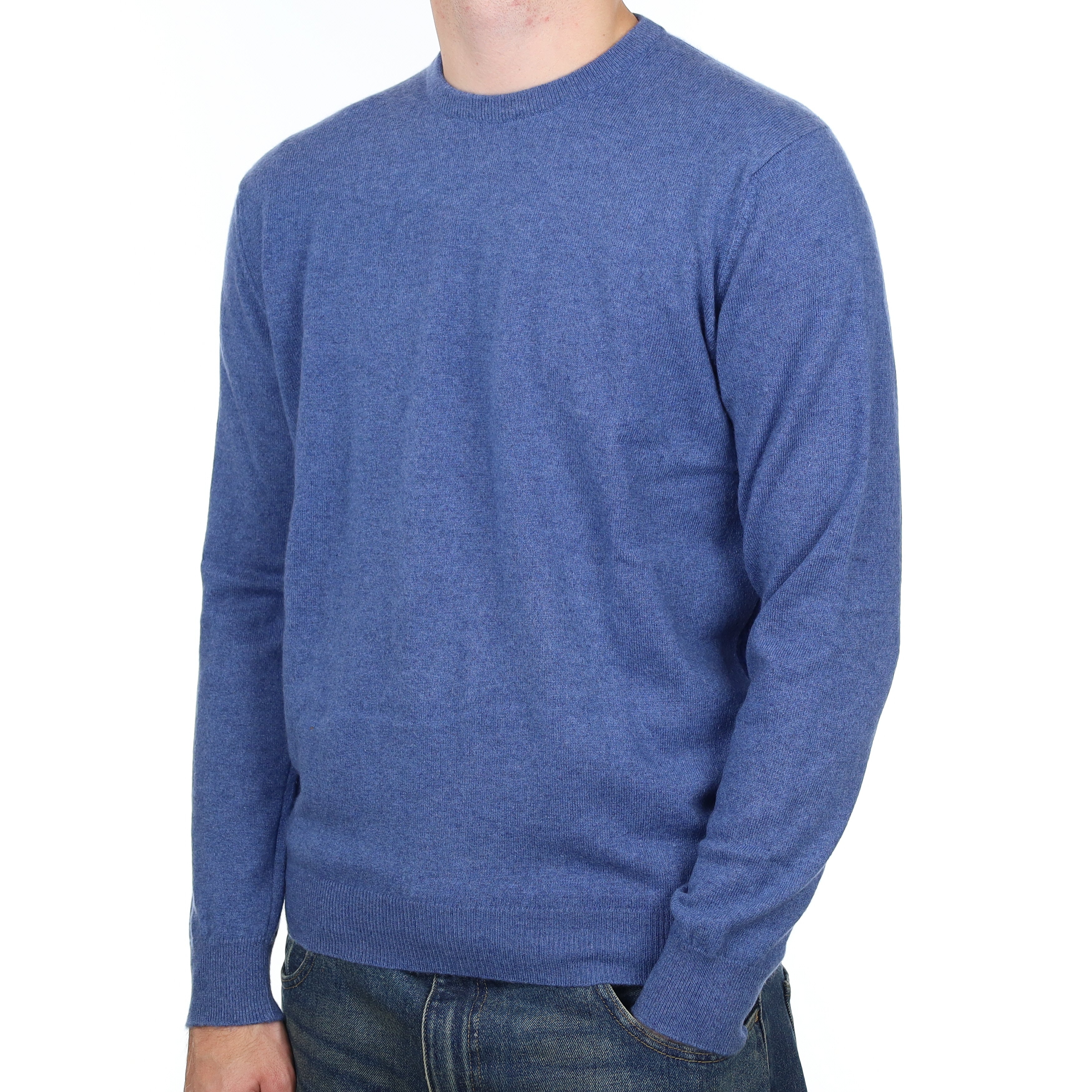 Men's Scottish Begg & Co Two Tone Blue Cashmere Crew Neck Jumper Large