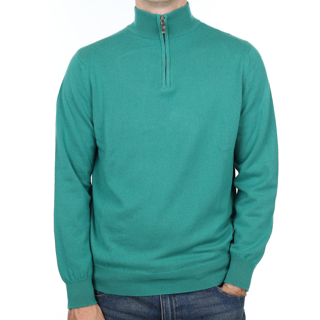 Men's Scottish Scott & Charters Sea Green Cashmere 1/4 Zip Jumper Large