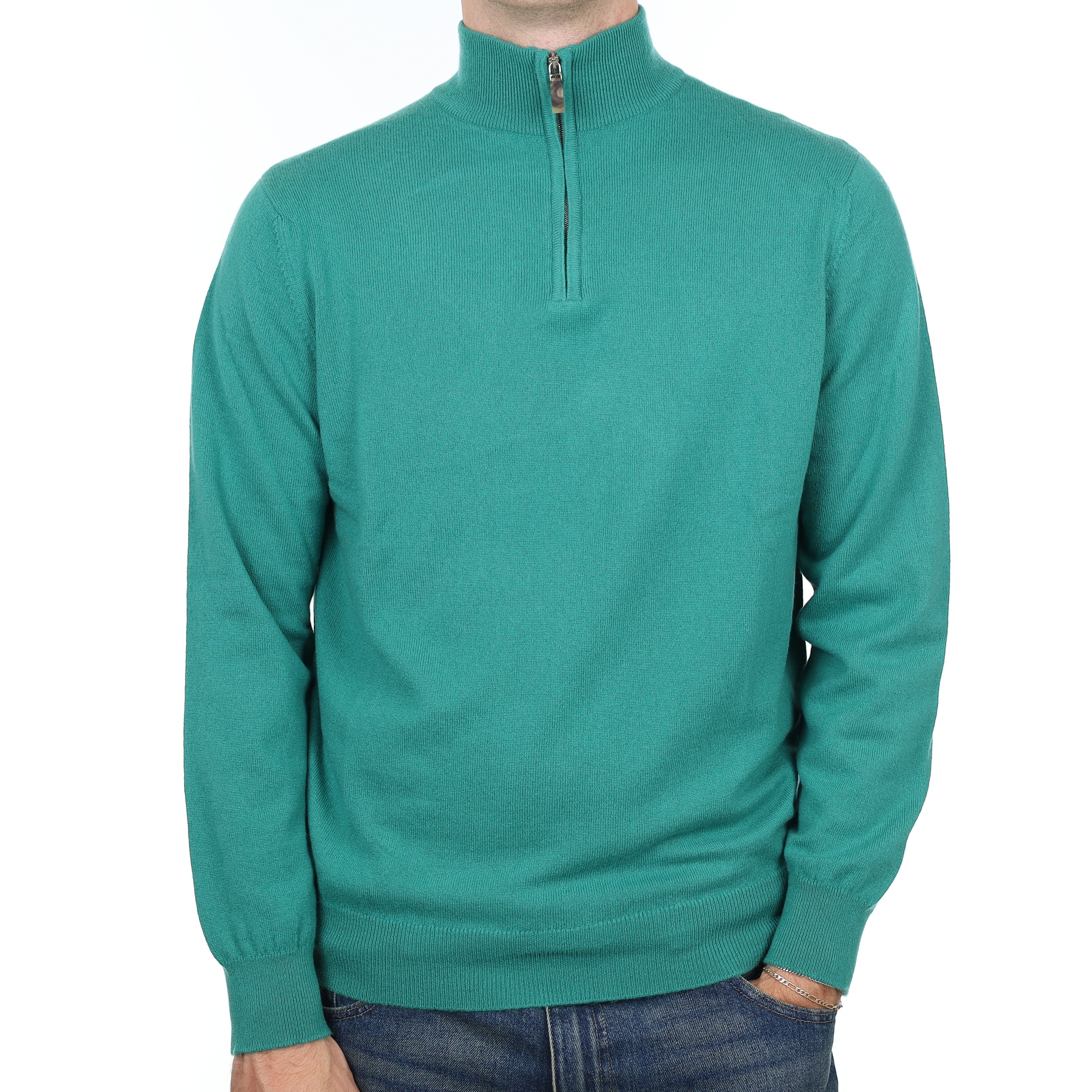 Men's Scottish Scott & Charters Sea Green Cashmere 1/4 Zip Jumper Large