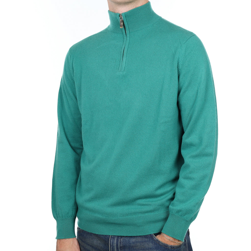 Men's Scottish Scott & Charters Sea Green Cashmere 1/4 Zip Jumper Large