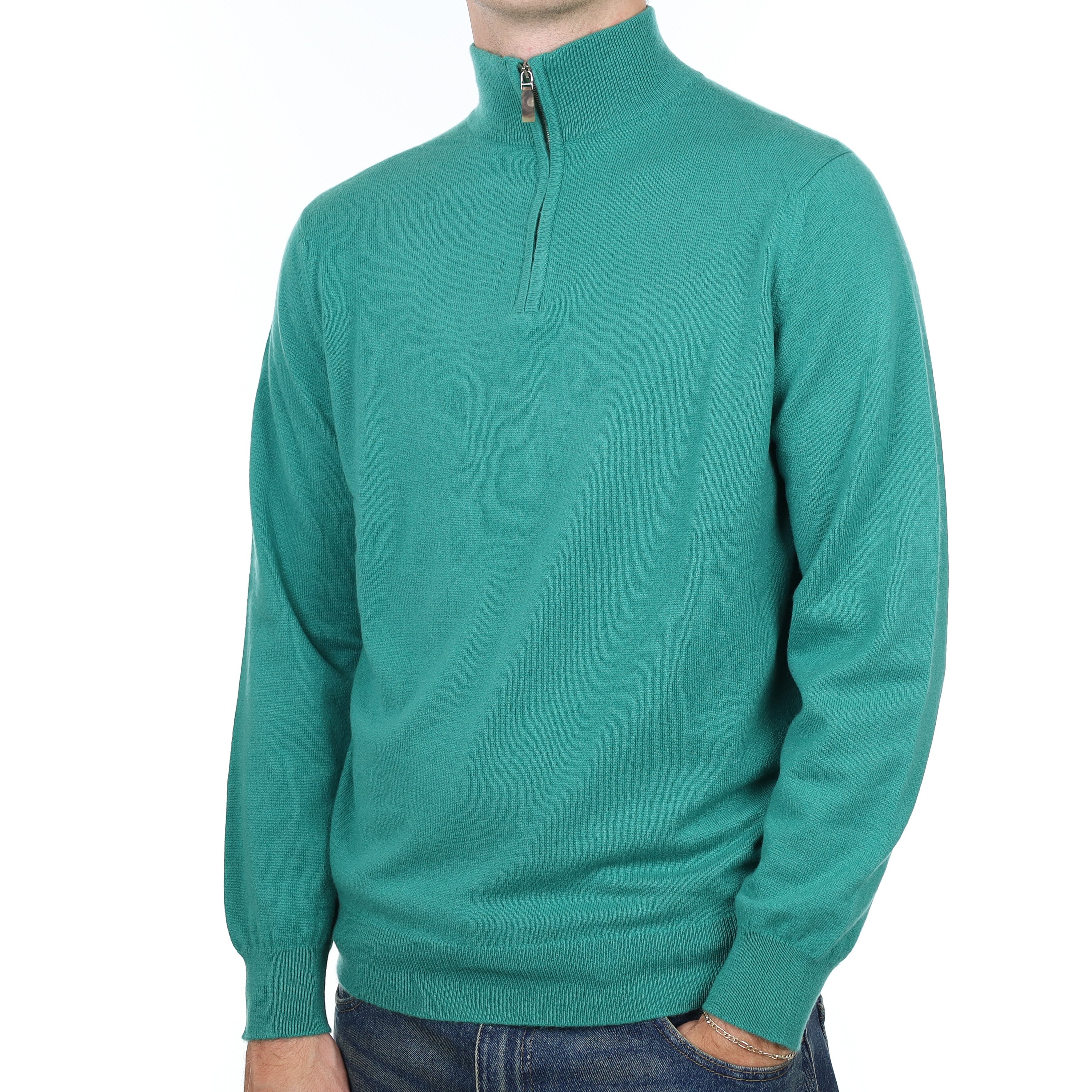Men's Scottish Scott & Charters Sea Green Cashmere 1/4 Zip Jumper Large