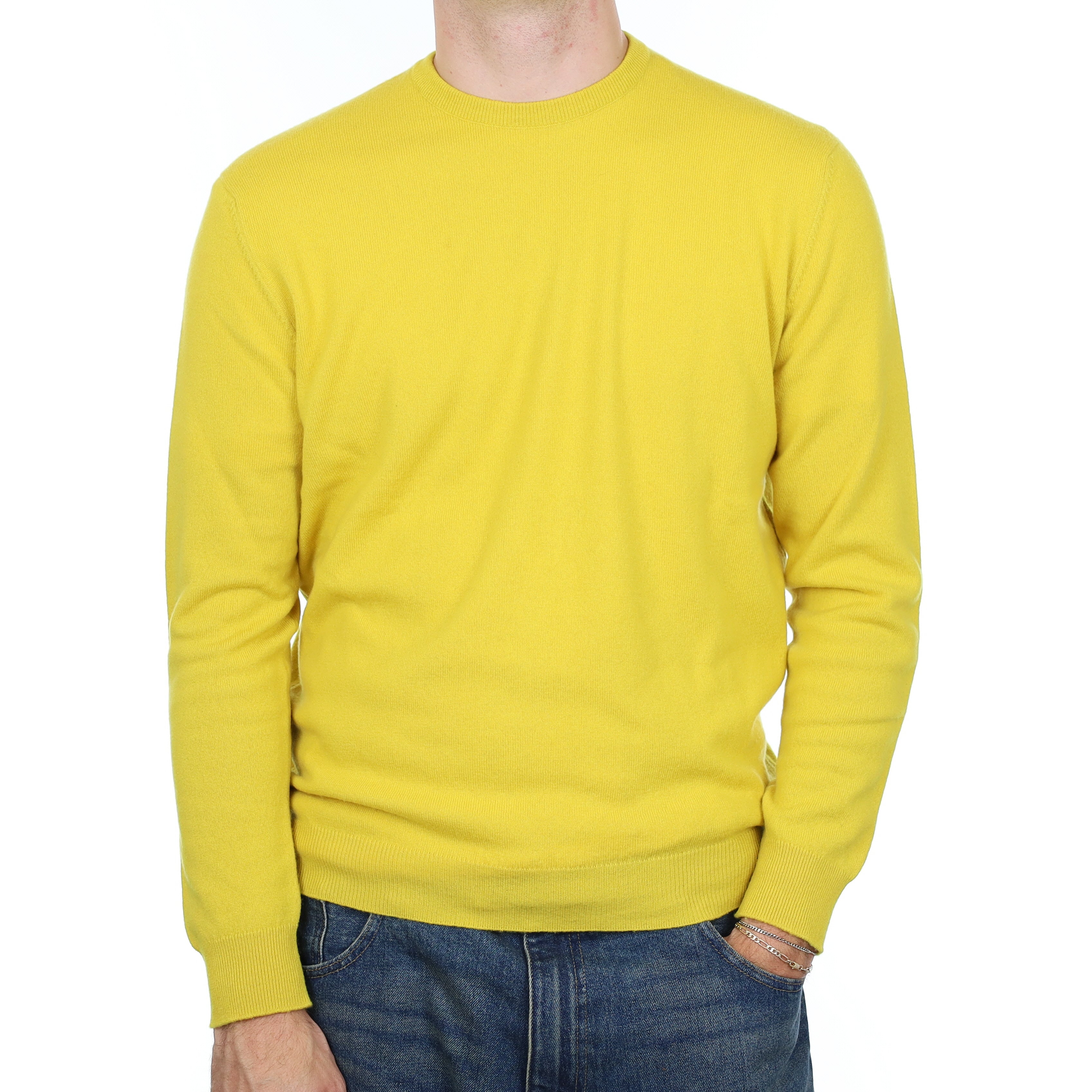 Men's Scottish Alex Begg Mustard Cashmere Crew Neck Jumper Large