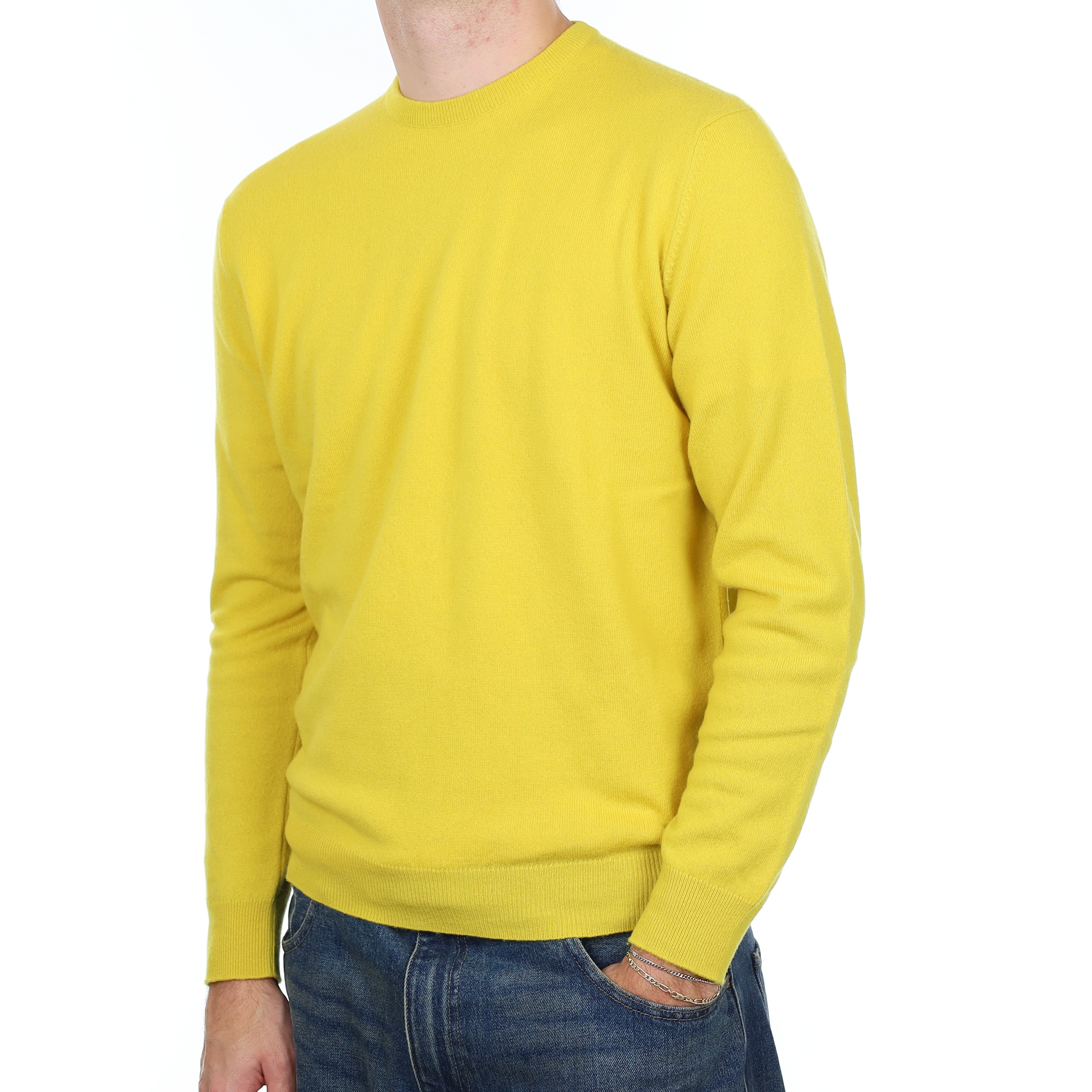 Men's Scottish Alex Begg Mustard Cashmere Crew Neck Jumper Large
