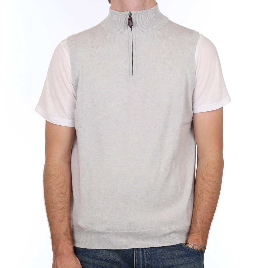Men's Scottish Scott & Chambers Frost Grey Cashmere Sleeveless 1/4 Zip Jumper Large