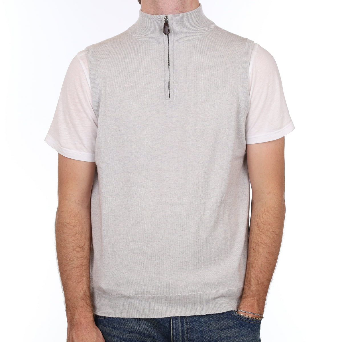 Men's Scottish Scott & Chambers Frost Grey Cashmere Sleeveless 1/4 Zip Jumper Large
