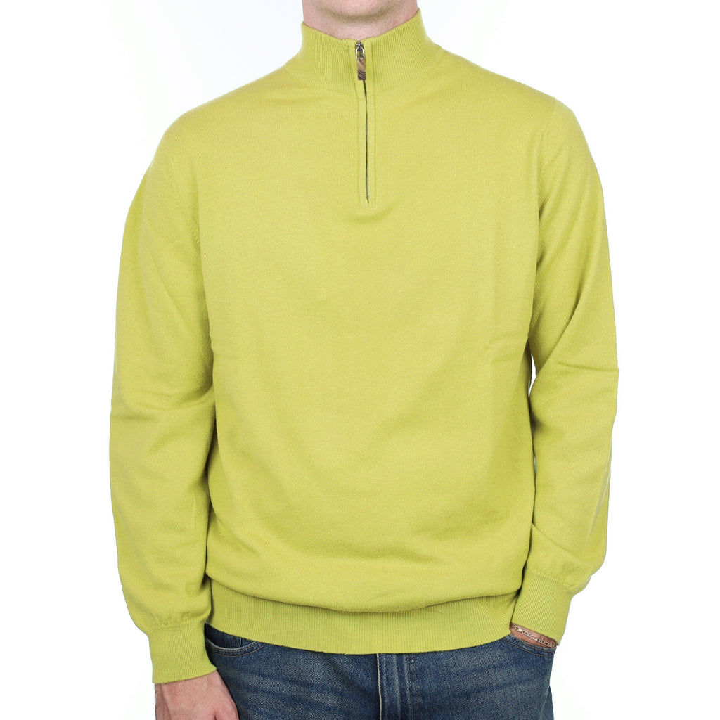 Men's Scottish Alex Begg Chartreuse Cashmere 1/4 Zip Jumper Large
