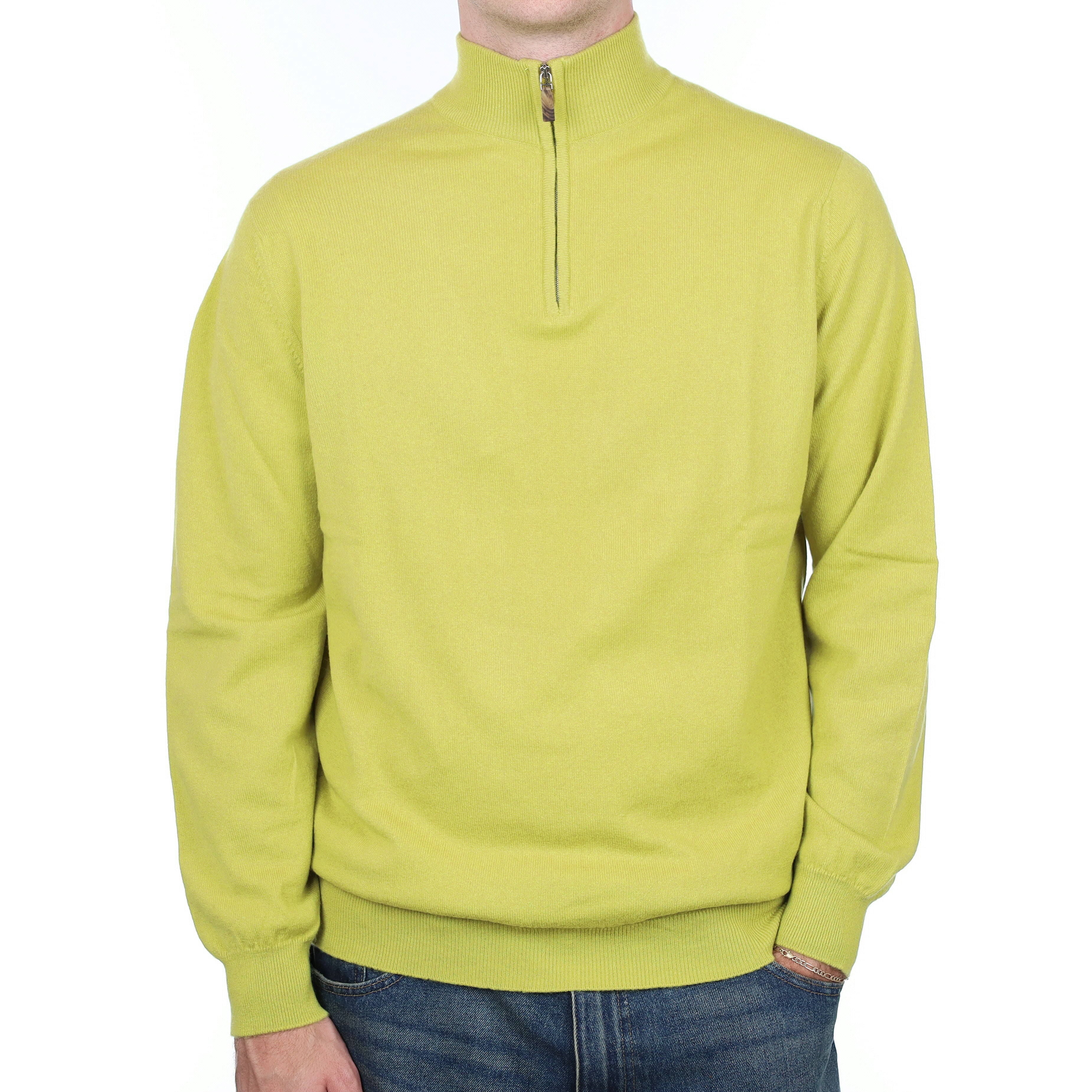 Men's Scottish Alex Begg Chartreuse Cashmere 1/4 Zip Jumper Large