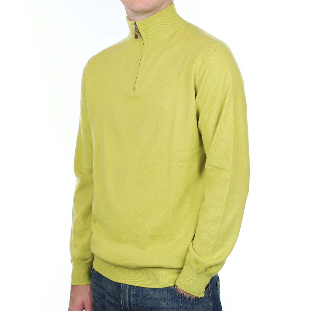 Men's Scottish Alex Begg Chartreuse Cashmere 1/4 Zip Jumper Large