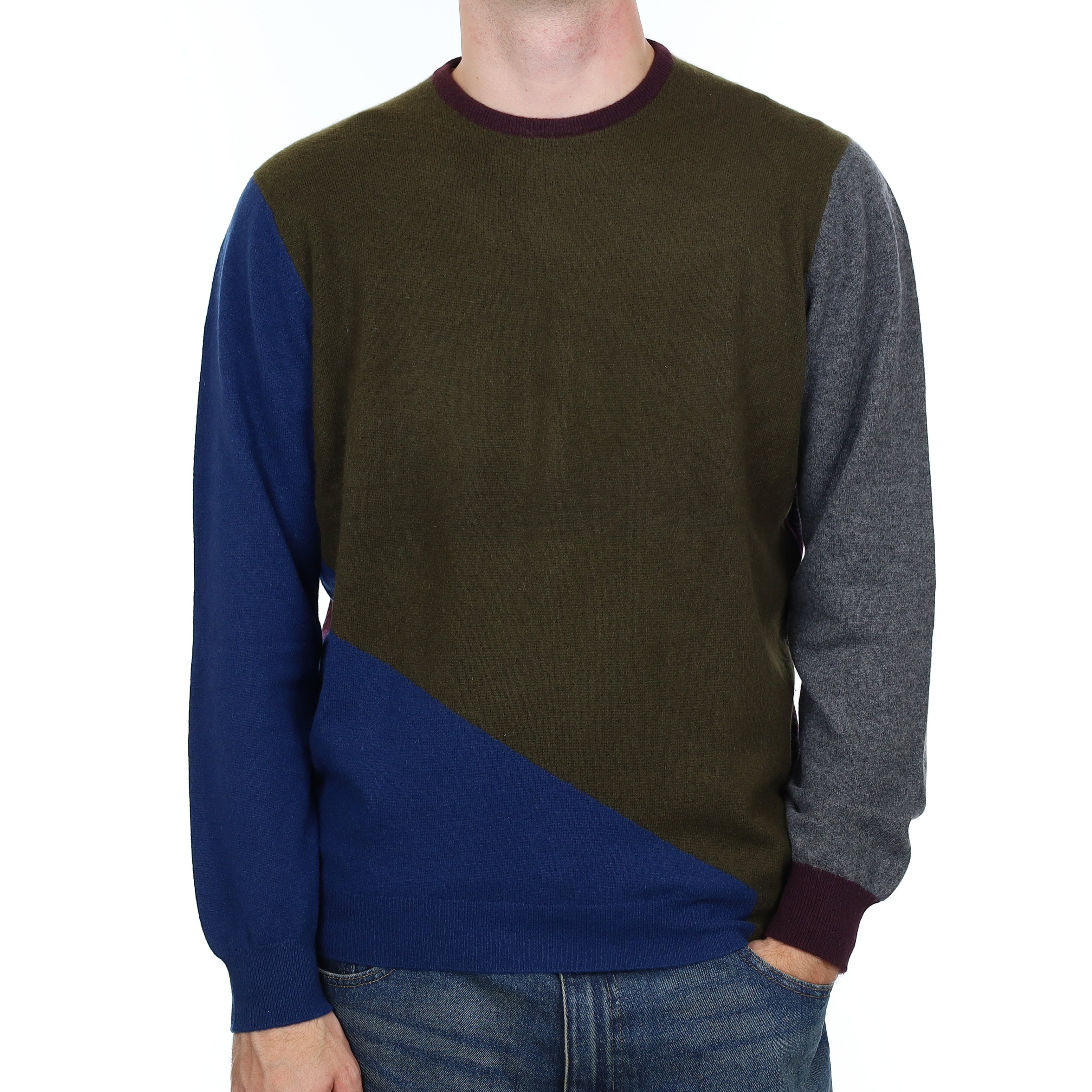 Men's Scottish Alex Begg Colour Block Cashmere Crew Neck Jumper Large