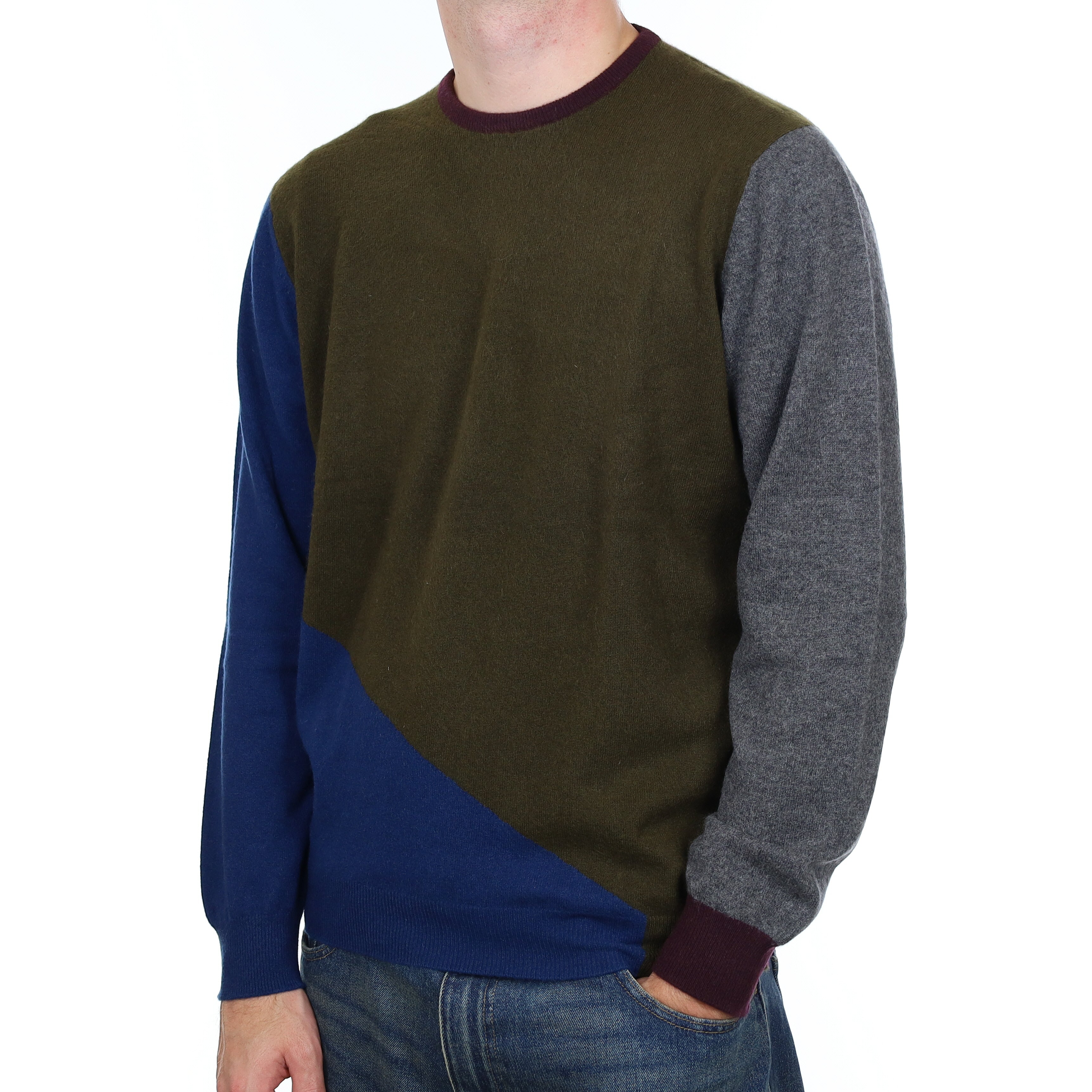 Men's Scottish Alex Begg Colour Block Cashmere Crew Neck Jumper Large