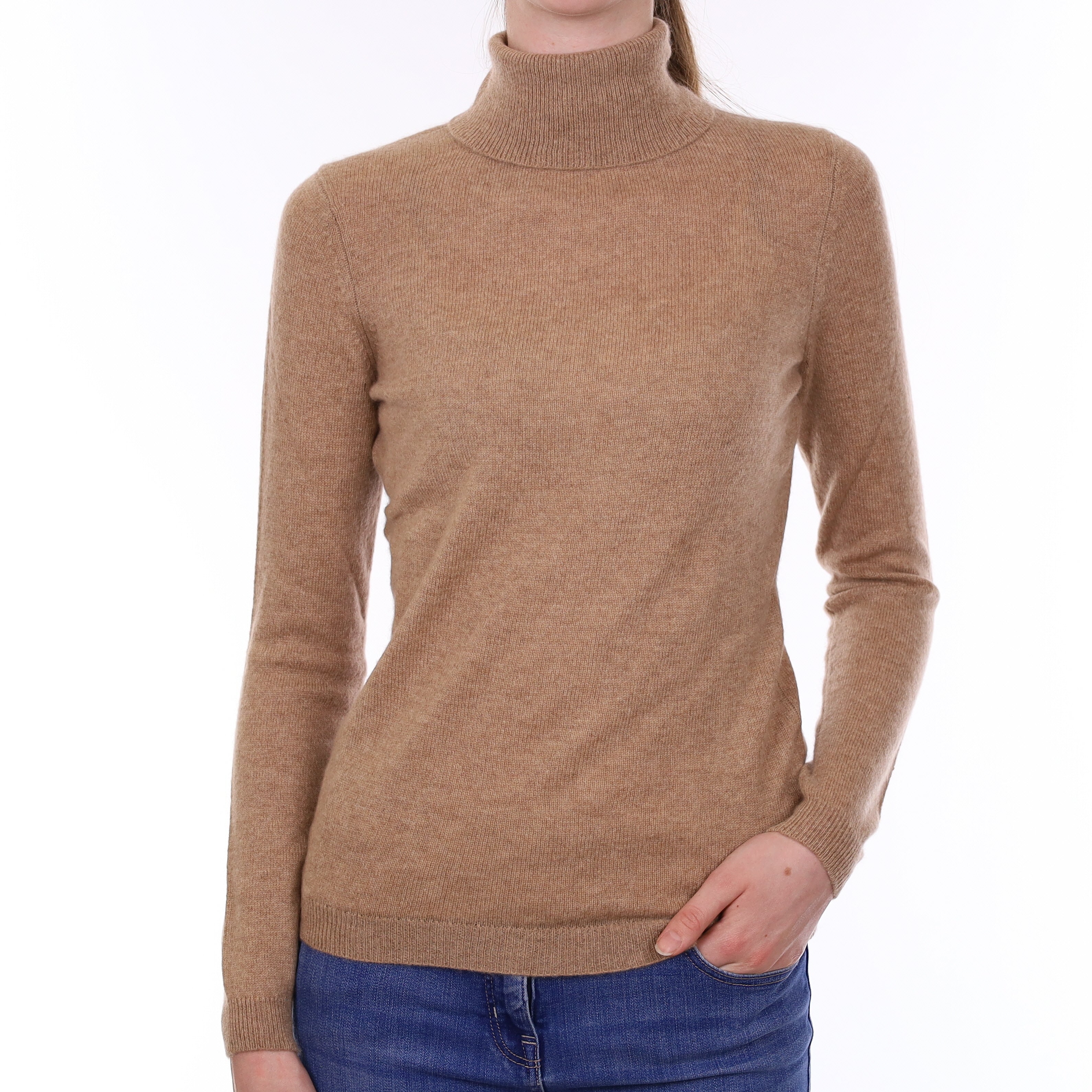 Fudge Brown Cashmere Polo Neck Jumper Extra Small