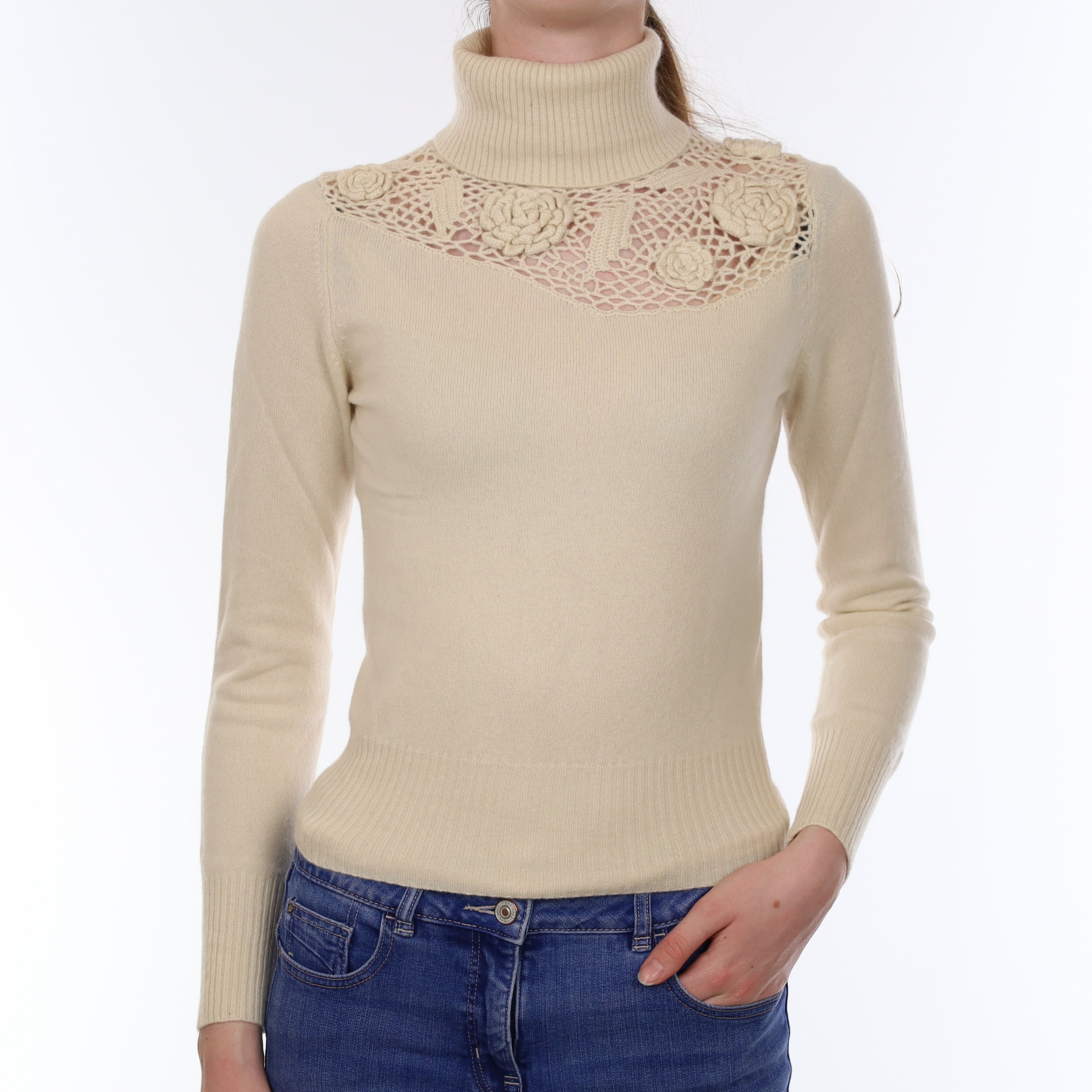 Ivory Crochet Detail Cashmere Polo Neck Jumper Extra Small