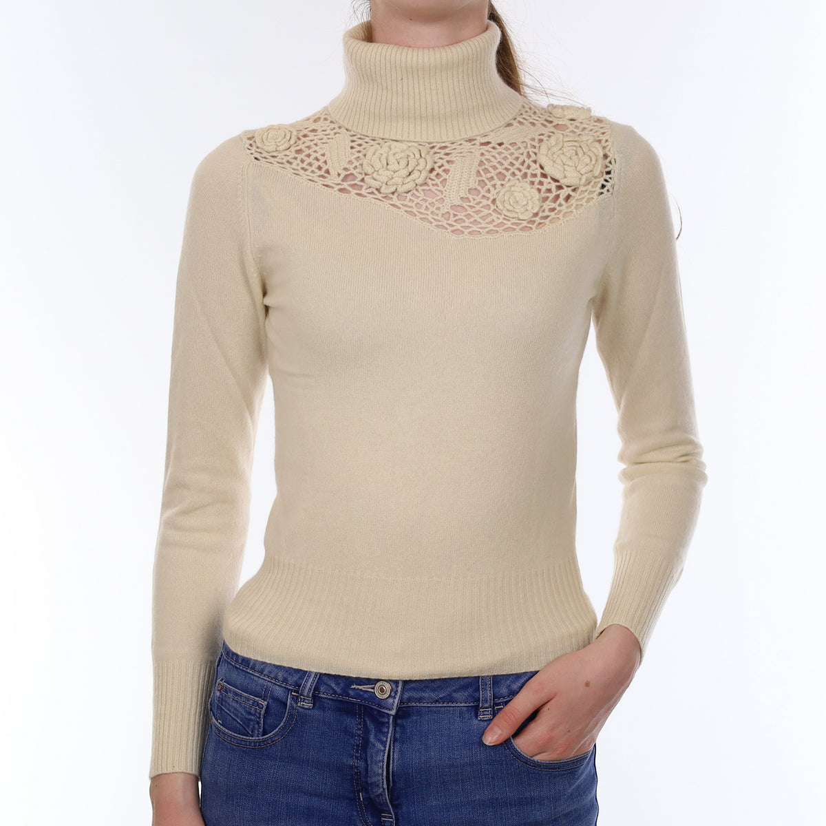 Ivory Crochet Detail Cashmere Polo Neck Jumper Extra Small