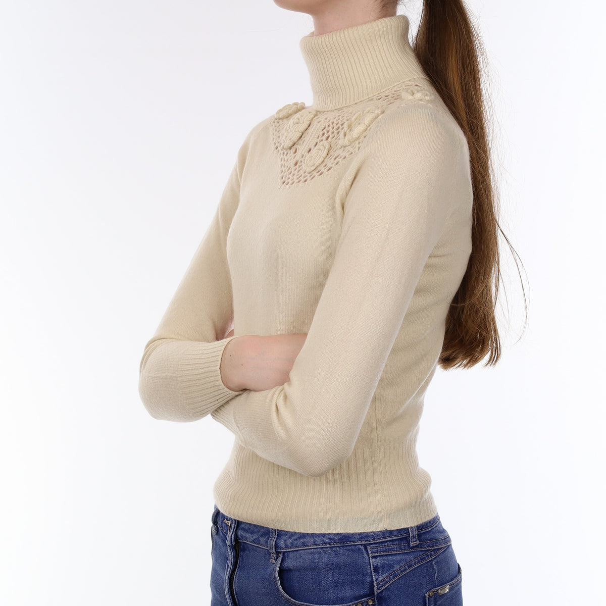 Ivory Crochet Detail Cashmere Polo Neck Jumper Extra Small