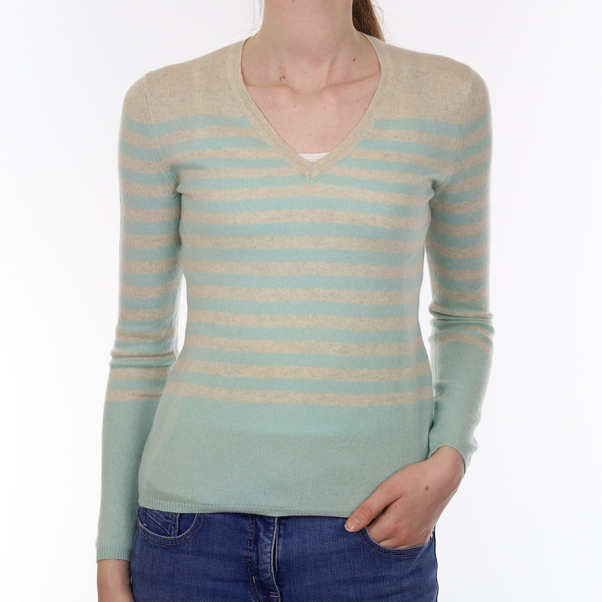 Aqua and Grey Stripe Cashmere V Neck Jumper Extra Small