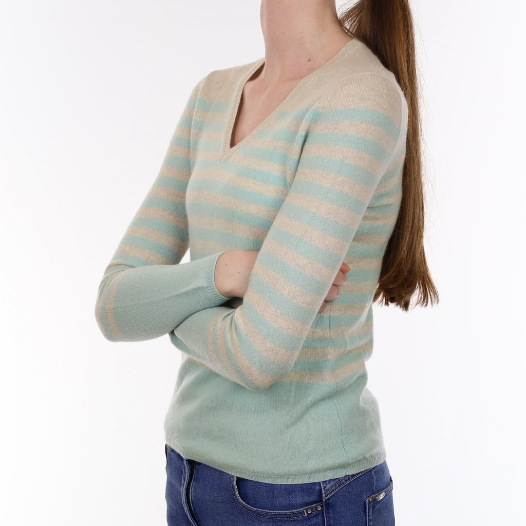 Aqua and Grey Stripe Cashmere V Neck Jumper Extra Small