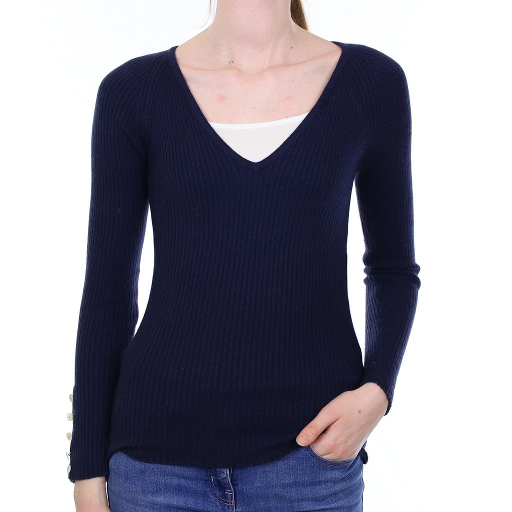 Scottish Navy Ribbed Cashmere V Neck Jumper Extra Small
