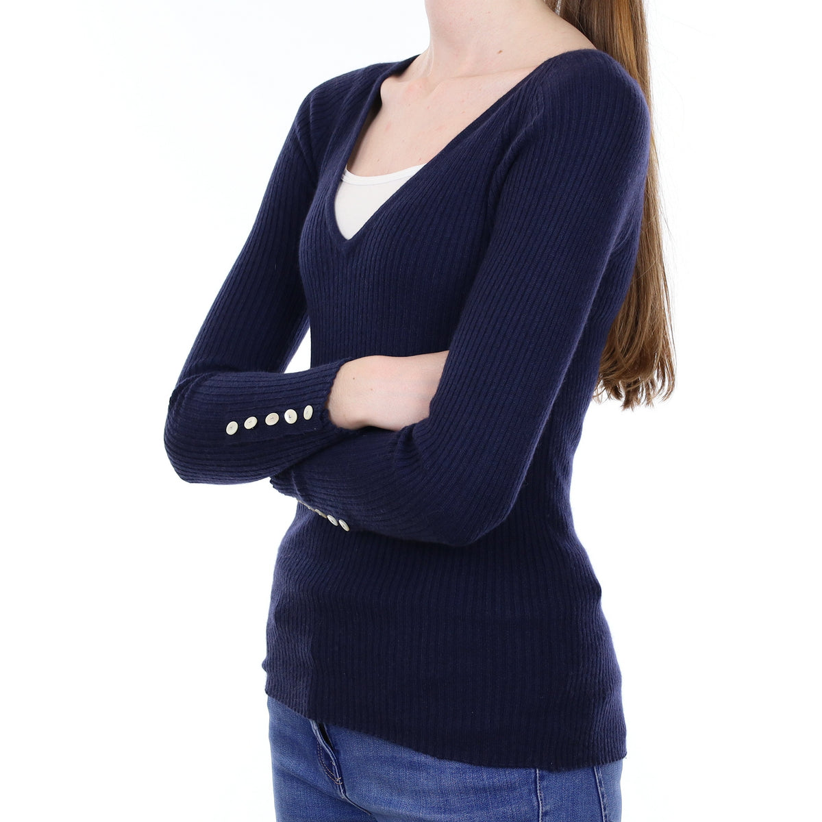 Scottish Navy Ribbed Cashmere V Neck Jumper Extra Small