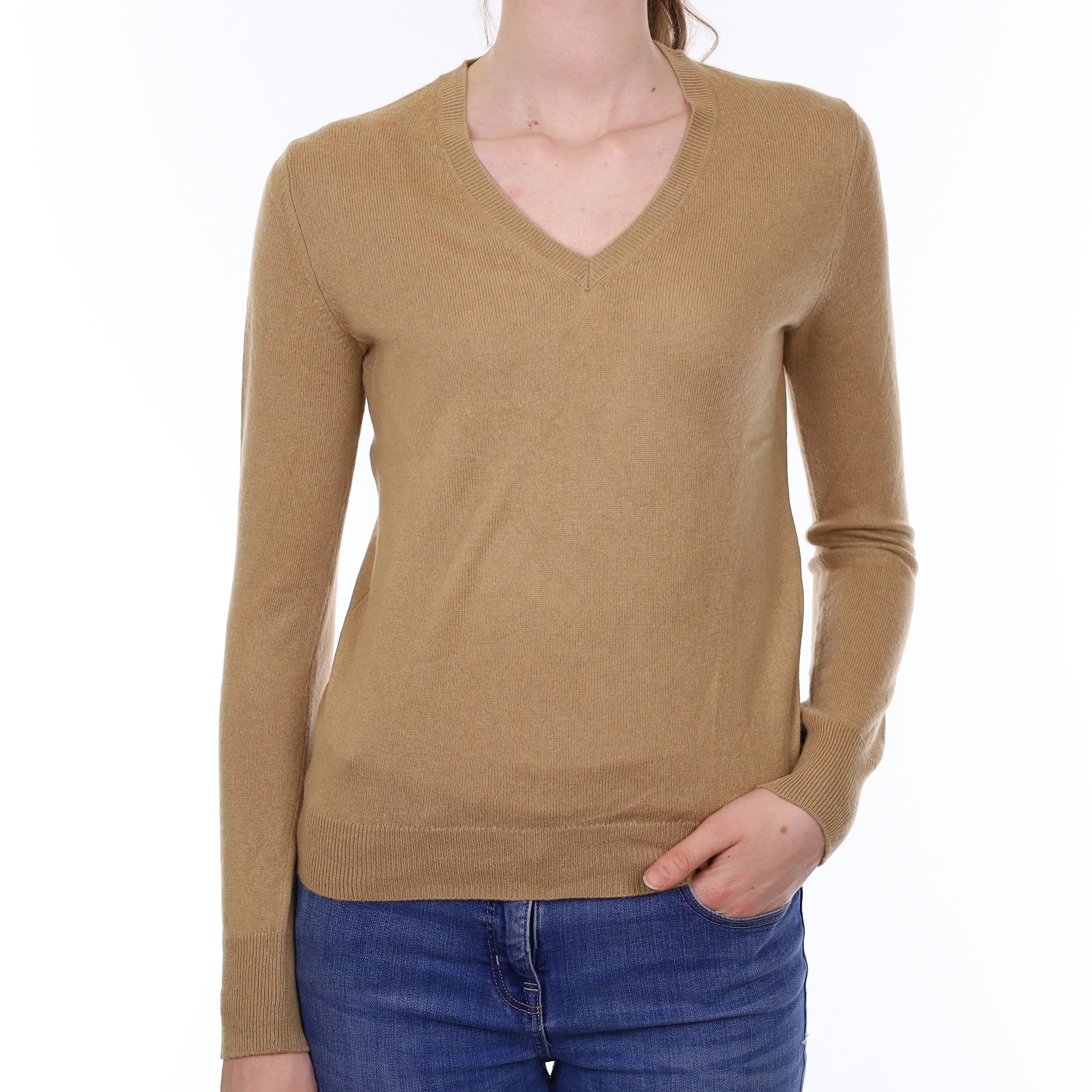 Camel Brown Cashmere V Neck Jumper Extra Small