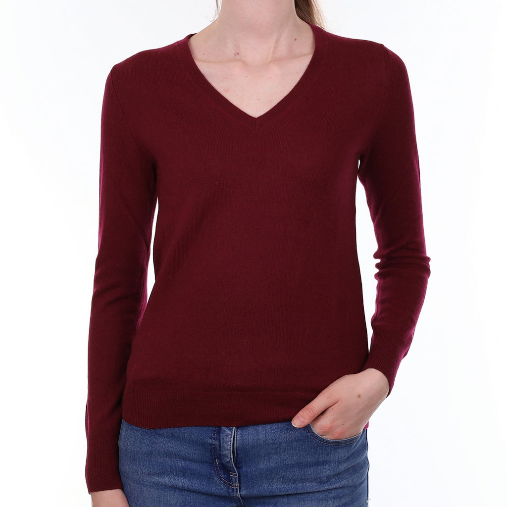 Wine Red Cashmere V Neck Jumper Extra Small