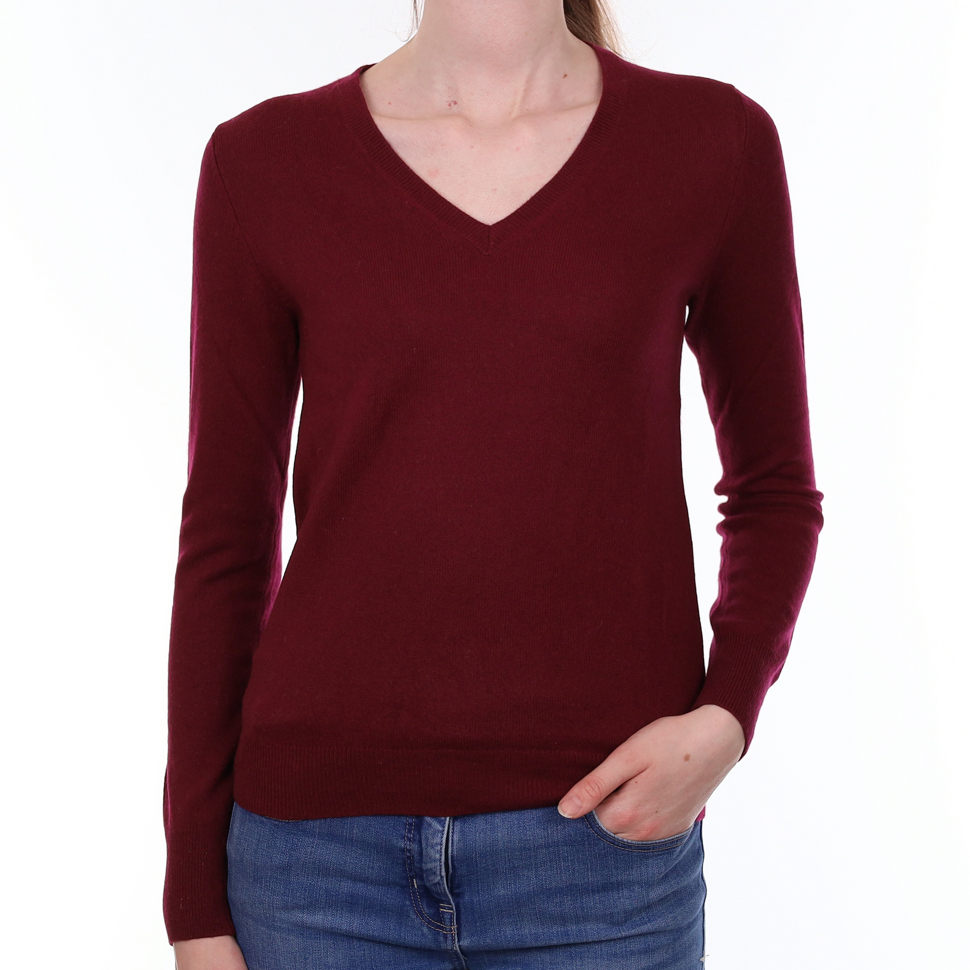 Wine Red Cashmere V Neck Jumper Extra Small