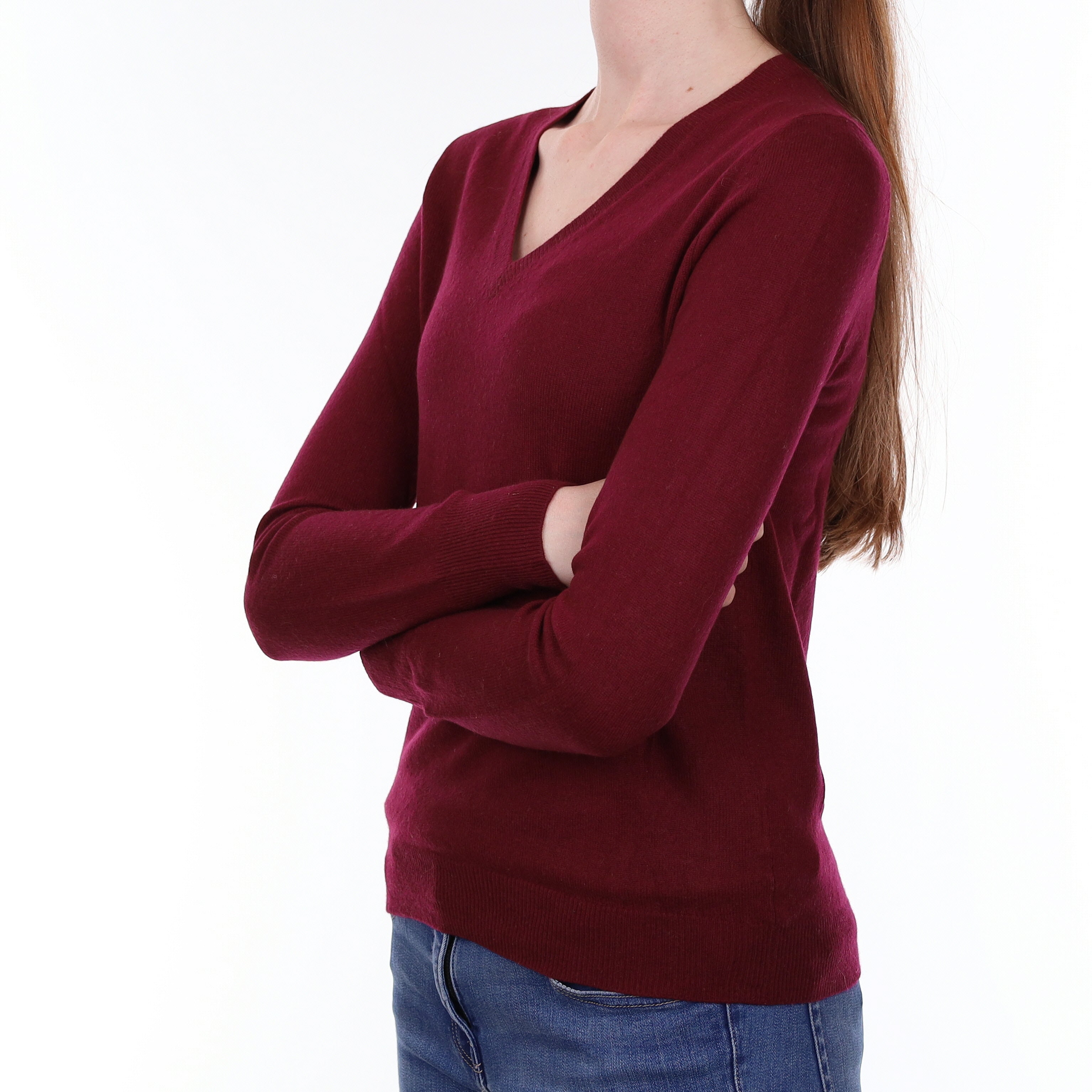 Wine Red Cashmere V Neck Jumper Extra Small