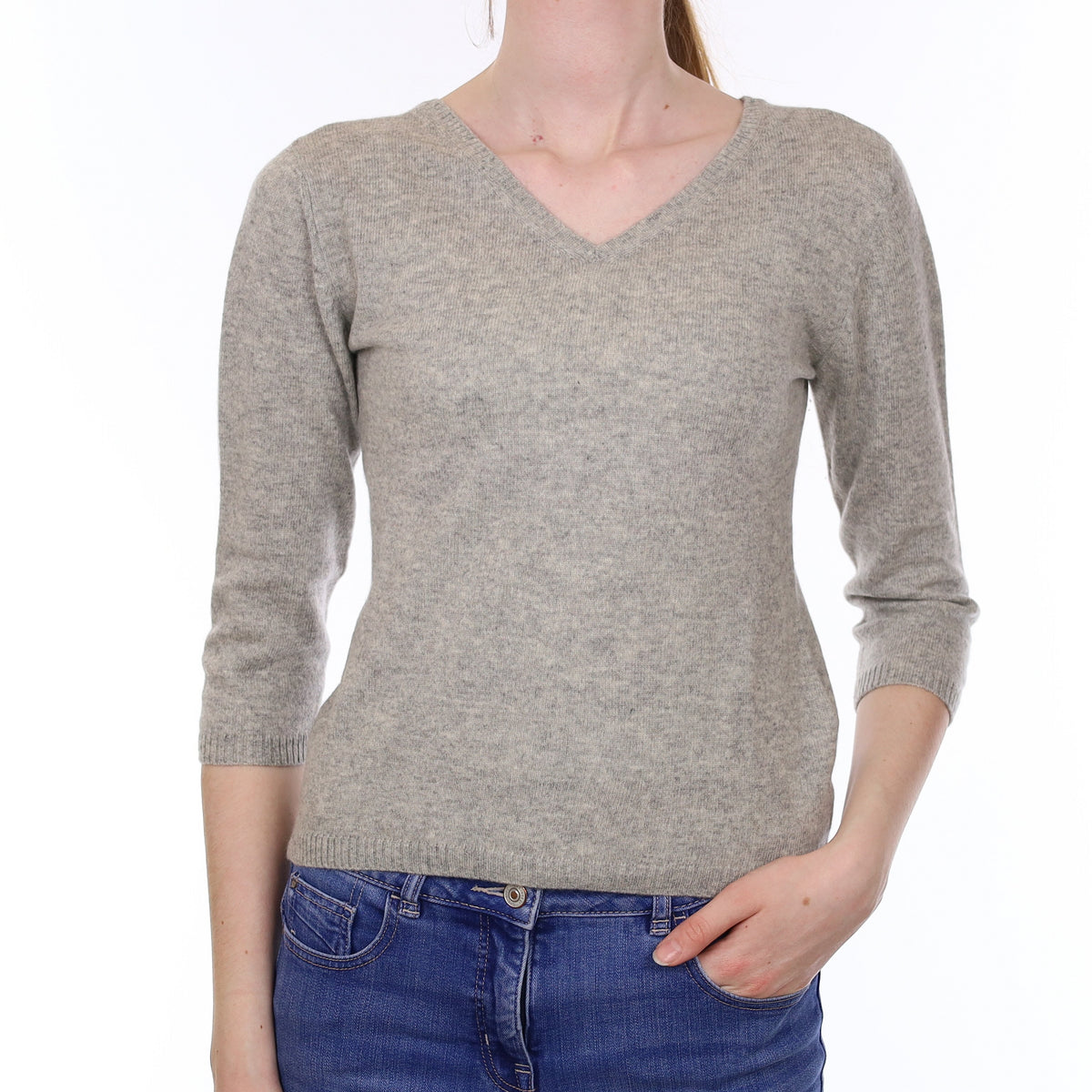 Smoke Grey Cashmere 3/4 Sleeve V Neck Jumper Extra Small