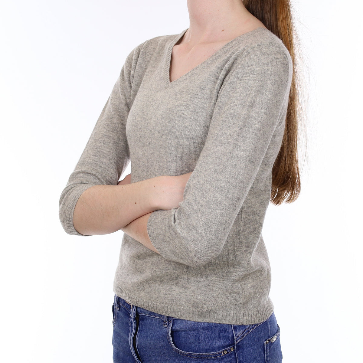 Smoke Grey Cashmere 3/4 Sleeve V Neck Jumper Extra Small