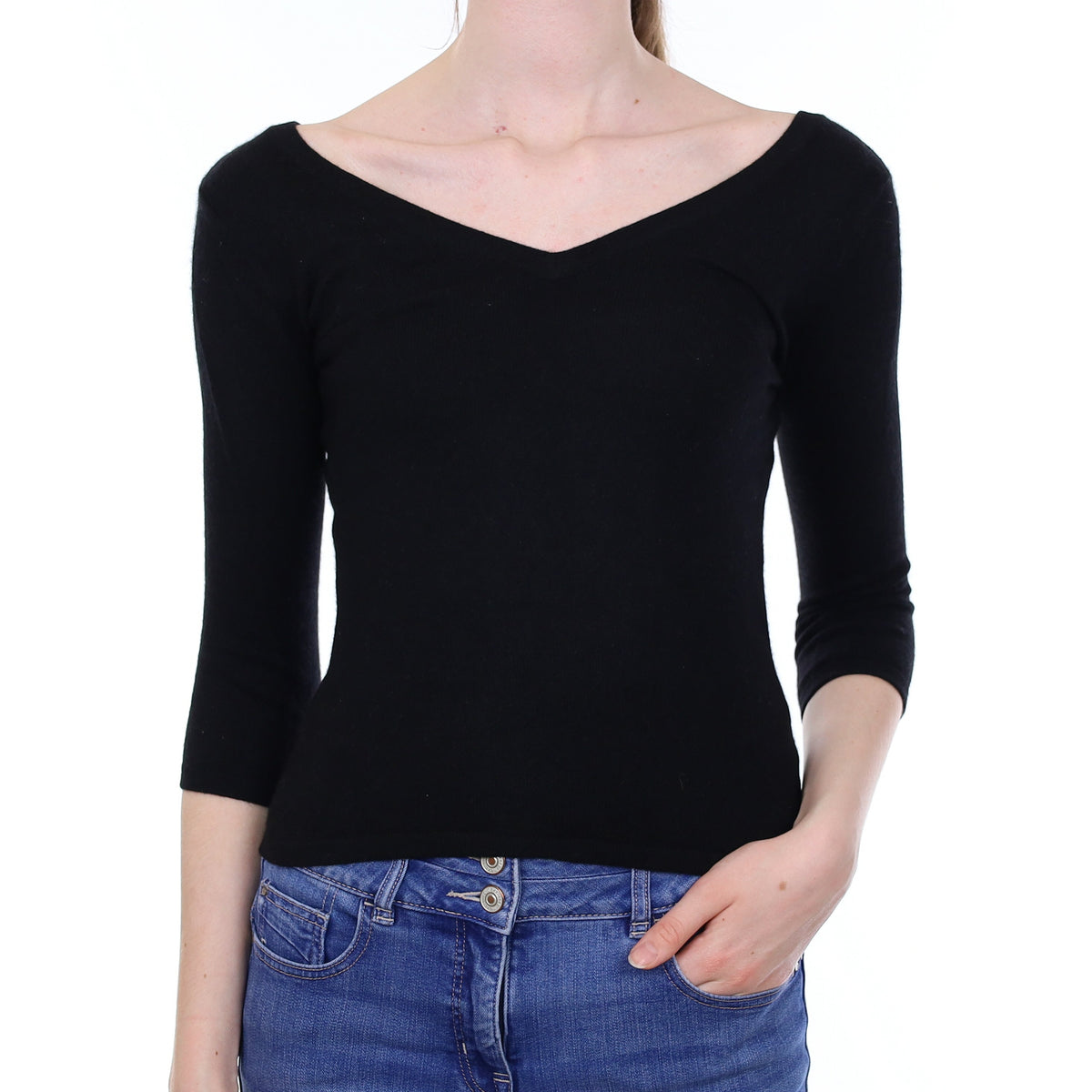 Black Cashmere 3/4 Sleeve V Neck Jumper XXS