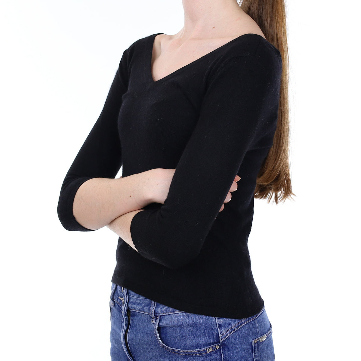 Black Cashmere 3/4 Sleeve V Neck Jumper XXS